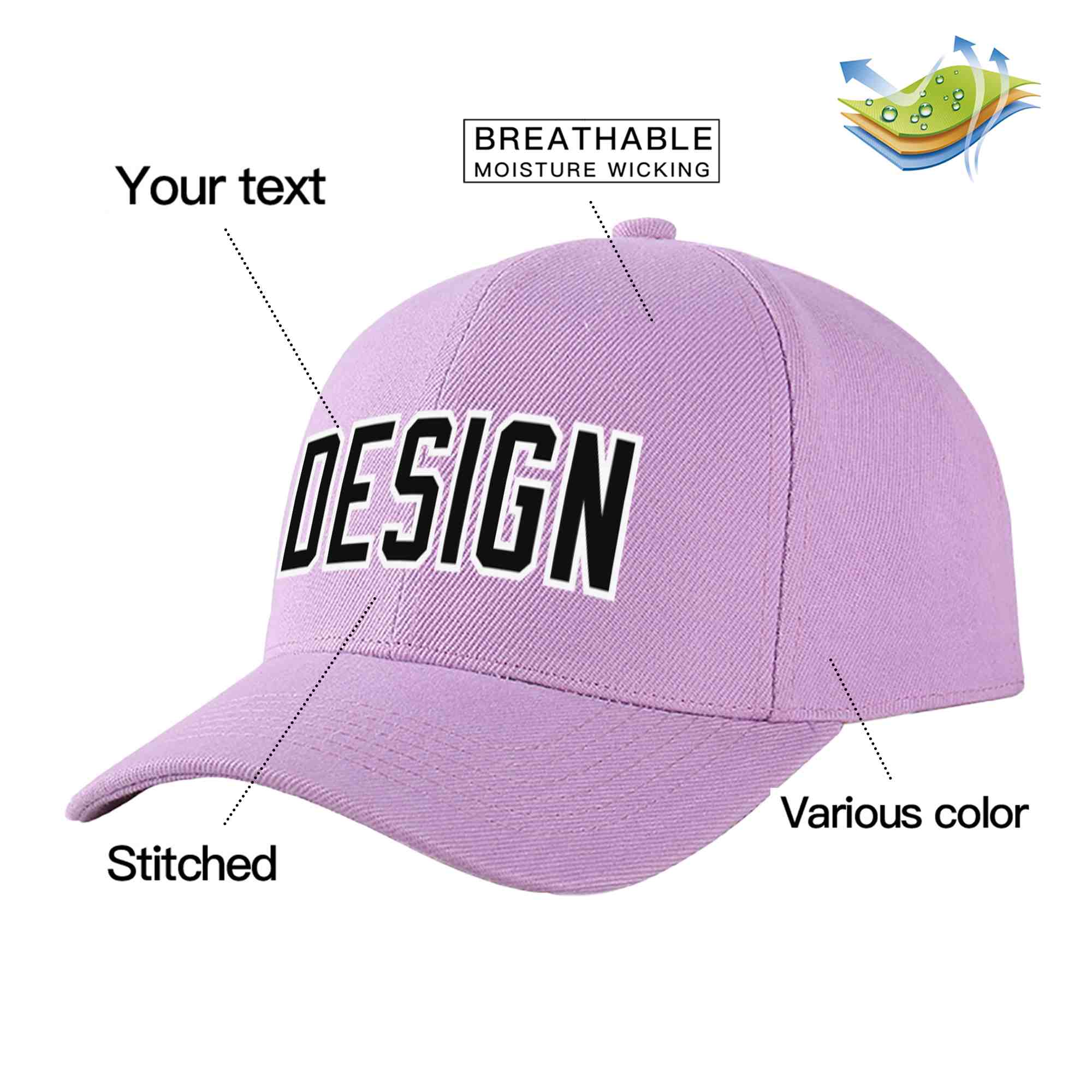 Custom Light Purple Black-White Curved Eaves Sport Design Baseball Cap