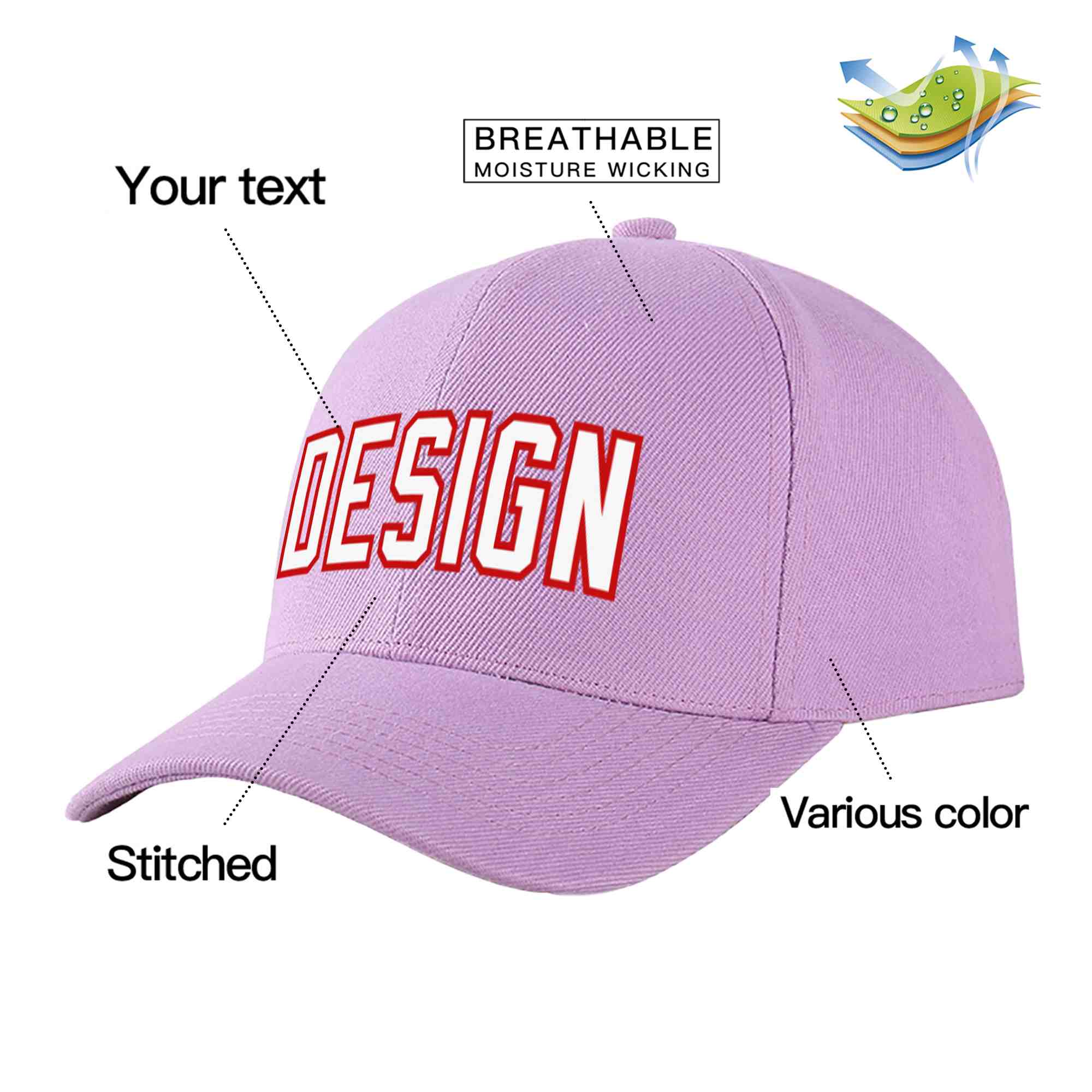 Custom Light Purple White-Red Curved Eaves Sport Design Baseball Cap