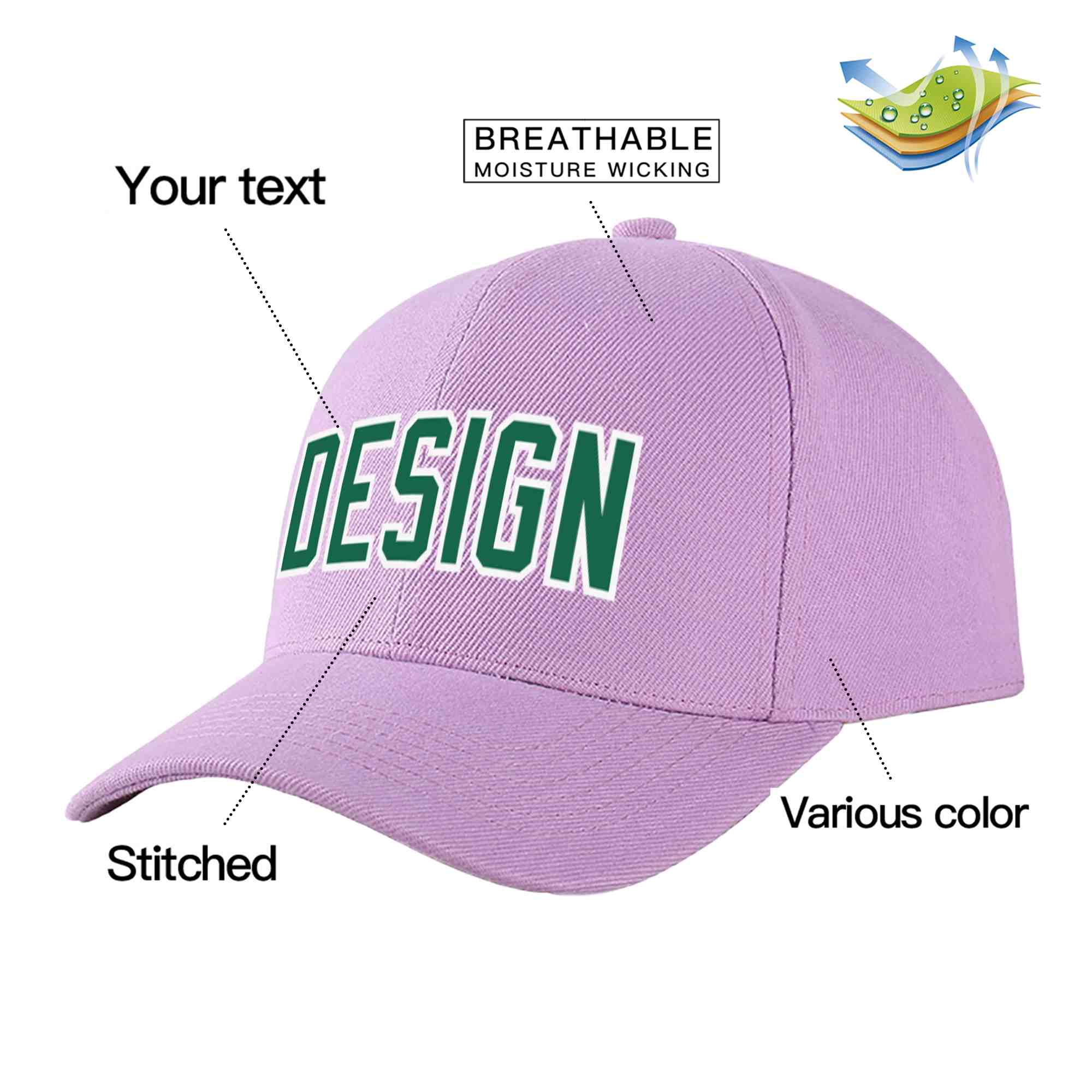 Custom Light Purple Kelly Green-White Curved Eaves Sport Design Baseball Cap