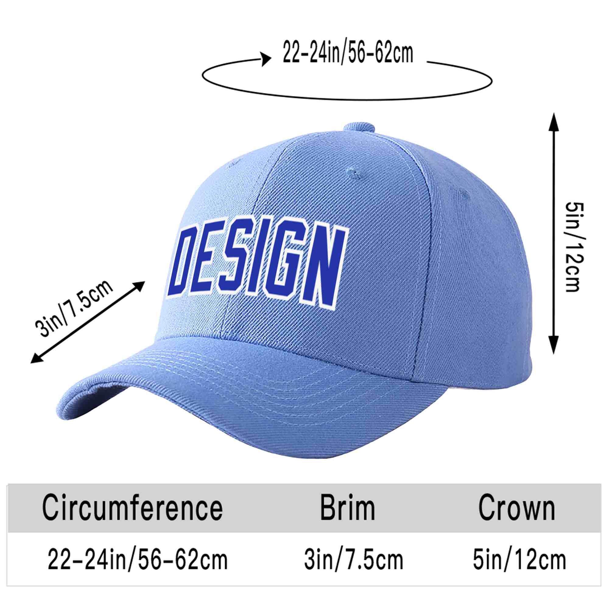 Custom Sky Blue Royal-White Curved Eaves Sport Design Baseball Cap