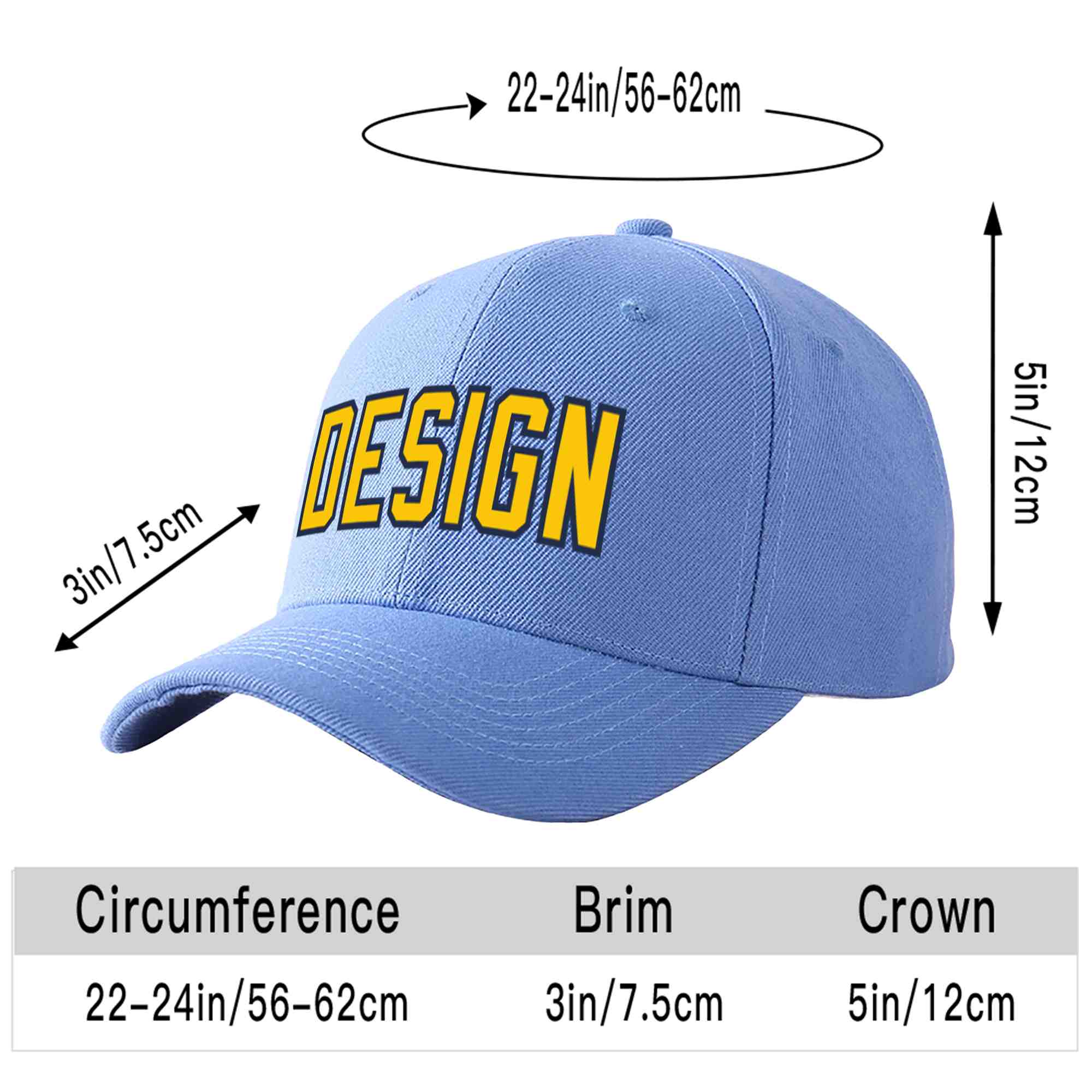 Custom Sky Blue Gold-Navy Curved Eaves Sport Design Baseball Cap