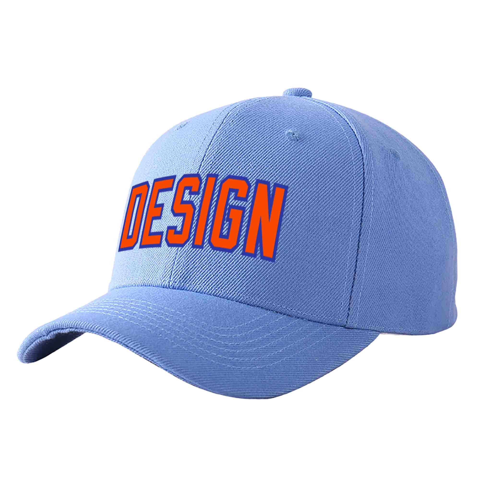 Custom Sky Blue Orange-Royal Curved Eaves Sport Design Baseball Cap