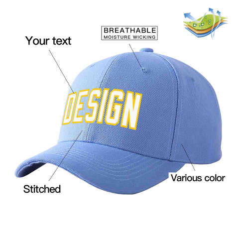 Custom Sky Blue White-Gold Curved Eaves Sport Design Baseball Cap