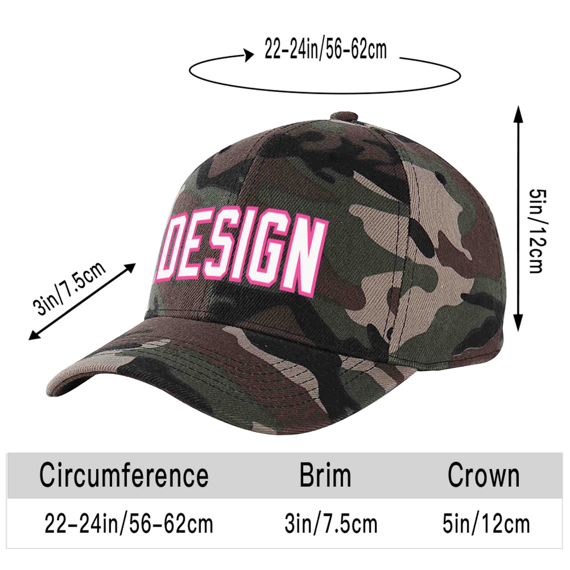 Casquette de baseball personnalisée camouflage blanc-rose avec avant-toit incurvé et design sportif