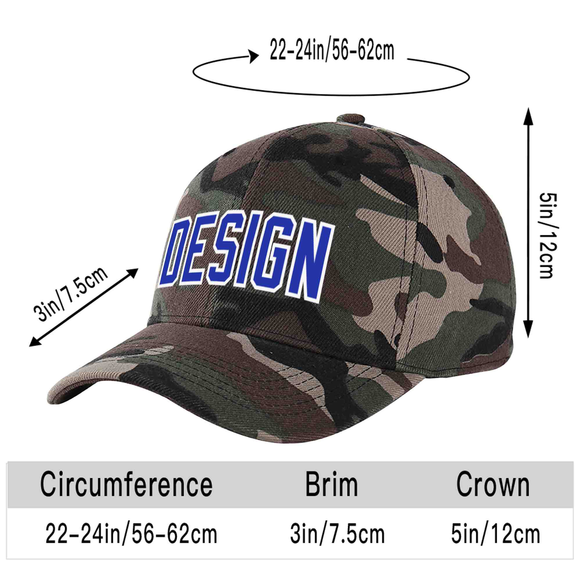 Casquette de baseball personnalisée Camo Royal-White Curved Eaves Sport Design