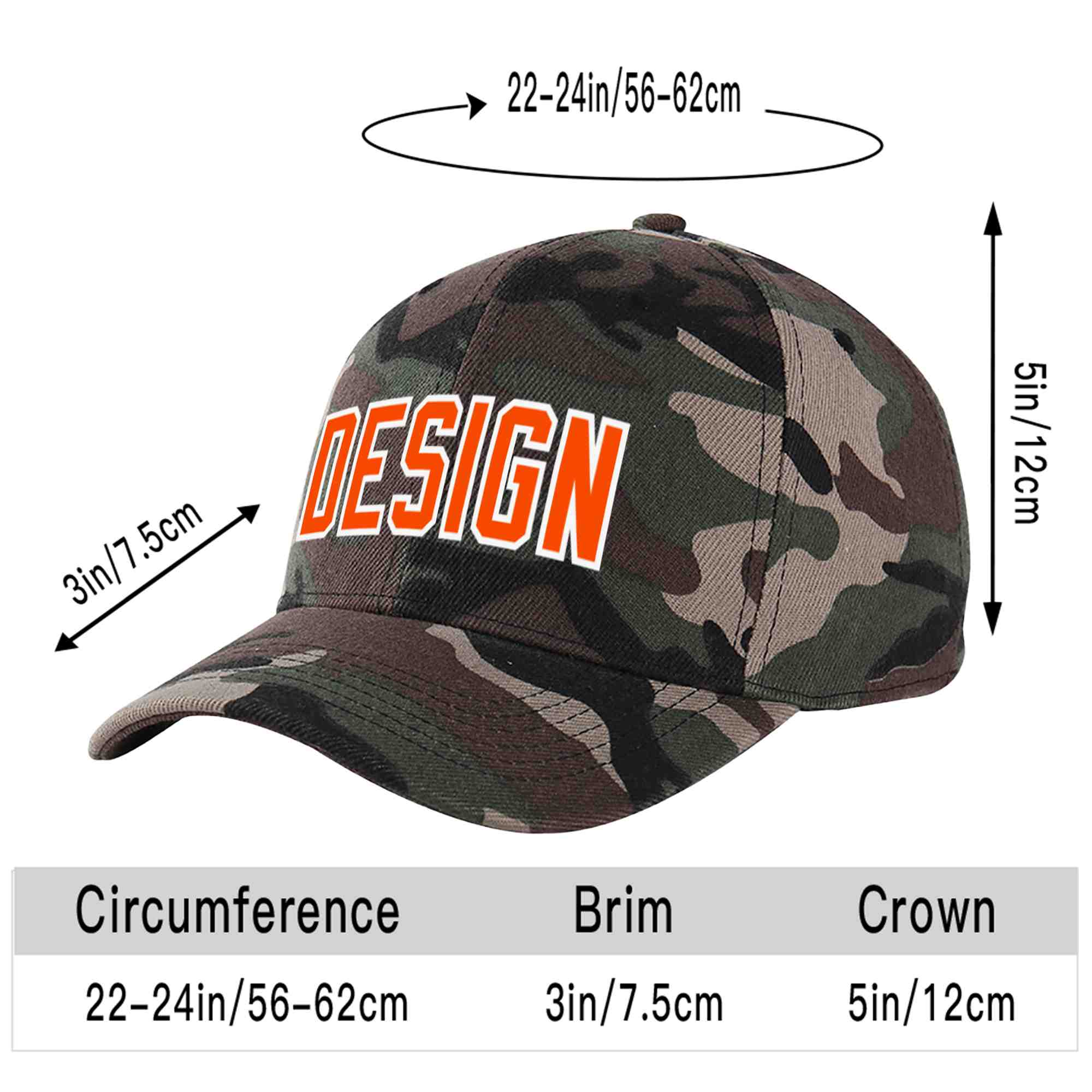 Casquette de baseball personnalisée camouflage orange-blanc avec avant-toit incurvé et design sportif