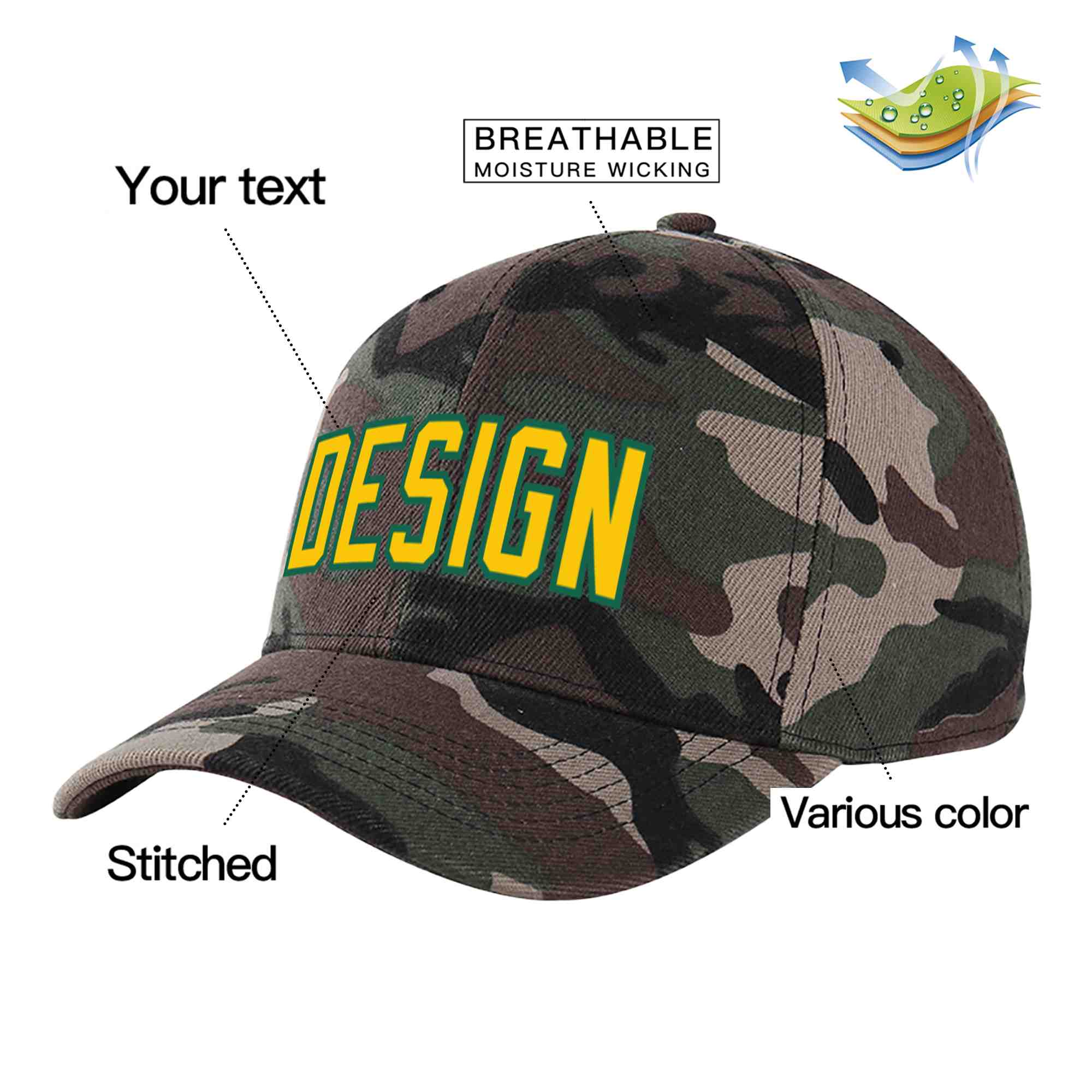 Custom Camo Gold-Kelly Green Curved Eaves Sport Design Baseball Cap