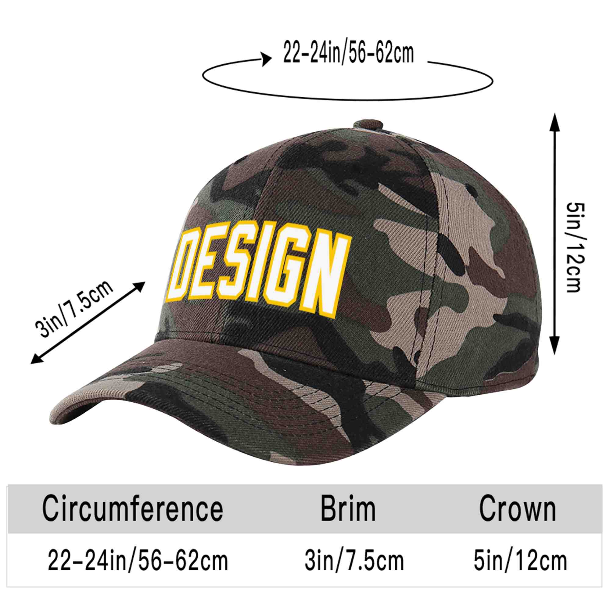 Casquette de baseball personnalisée camouflage blanc-or avec avant-toit incurvé et design sportif