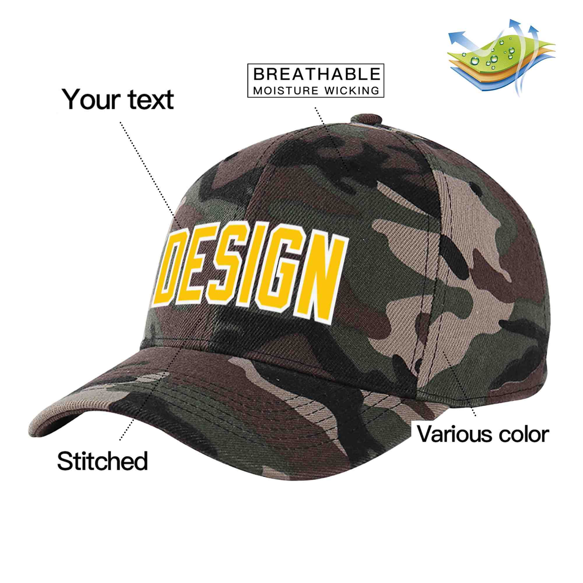 Custom Camo Gold-White Curved Eaves Sport Design Baseball Cap