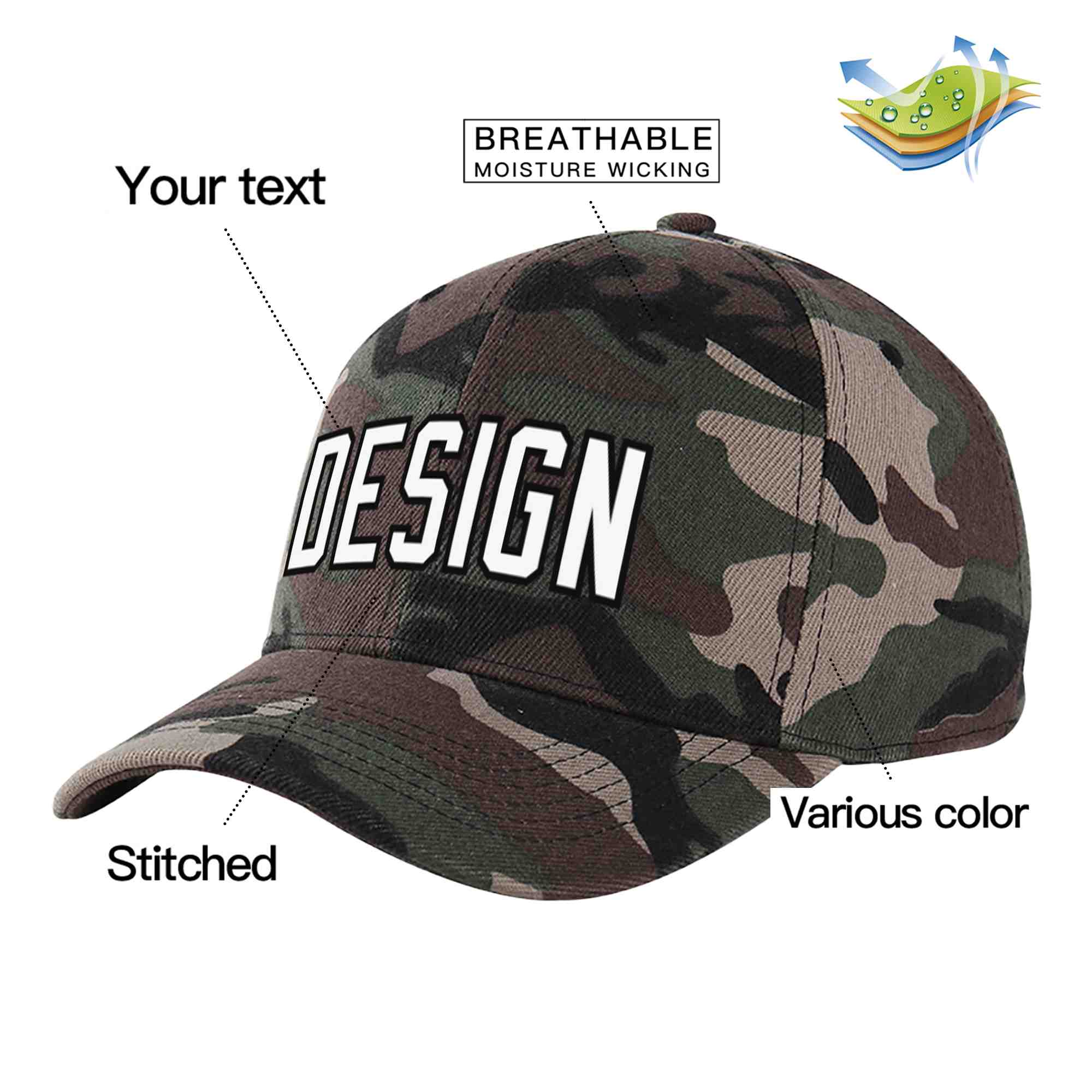 Custom Camo White-Black Curved Eaves Sport Design Baseball Cap