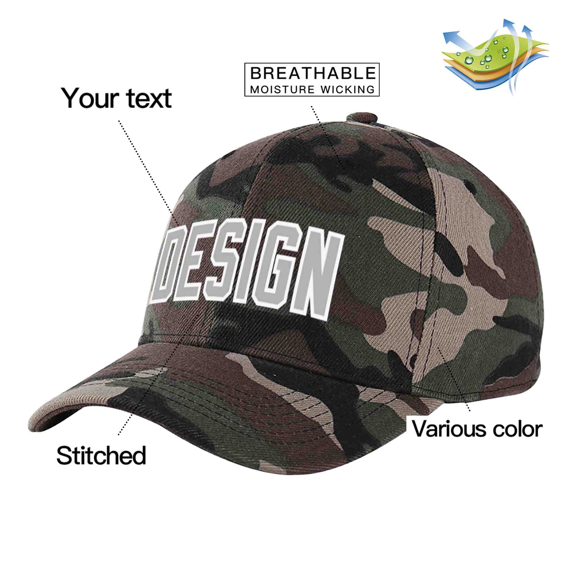 Custom Camo Gray-White Curved Eaves Sport Design Baseball Cap