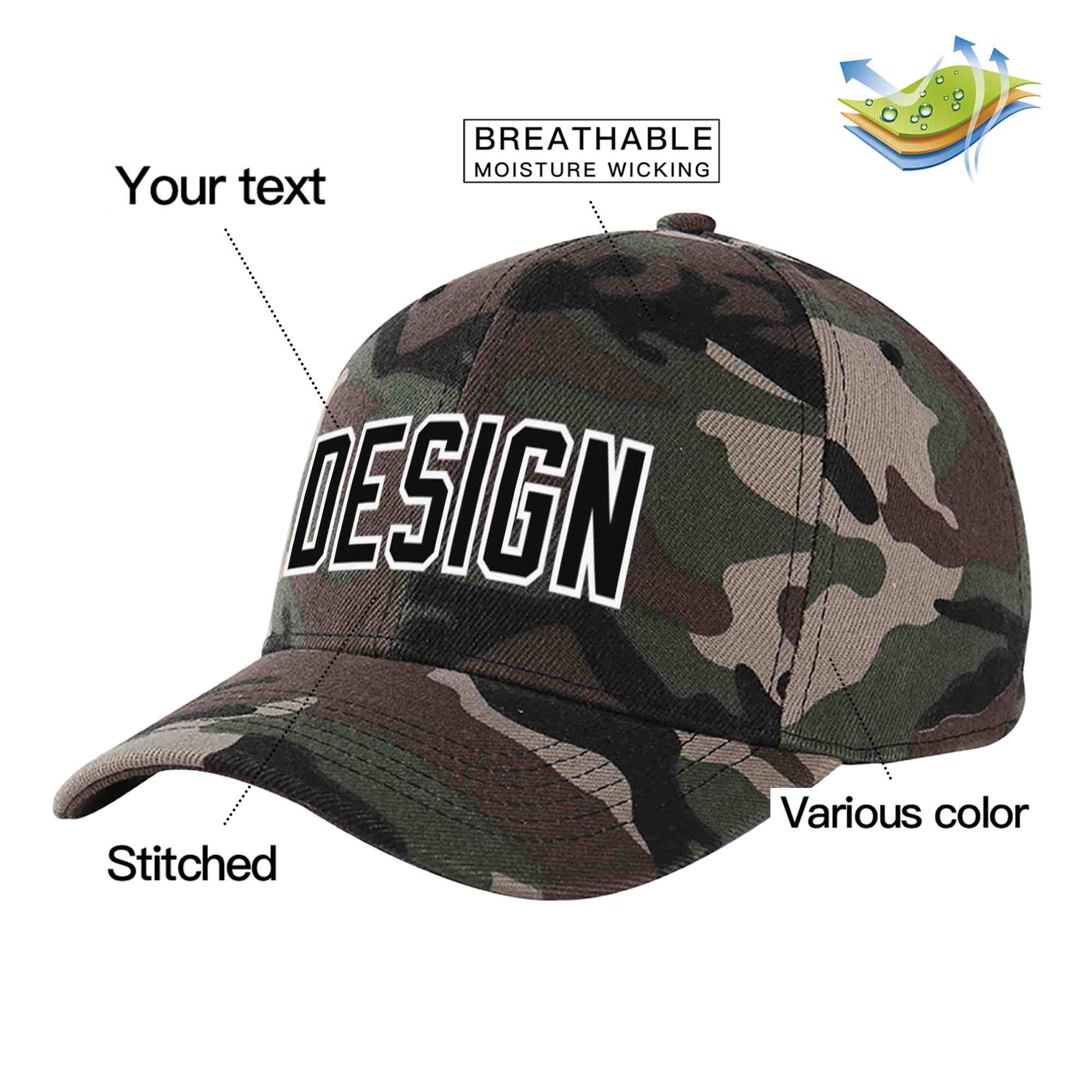 Custom Camo Black-White Curved Eaves Sport Design Baseball Cap