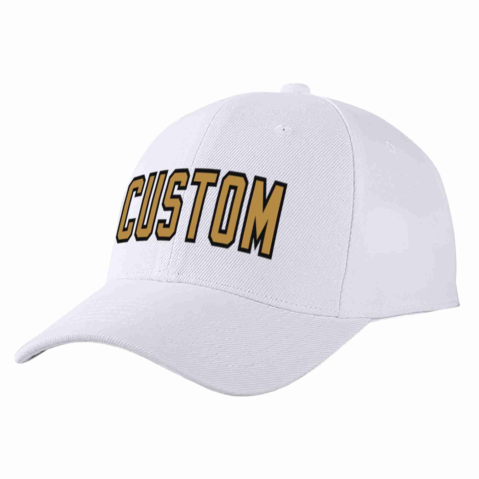 Conception personnalisée de casquette de baseball de sport à avant-toit incurvé blanc vieux or-noir pour hommes/femmes/jeunes