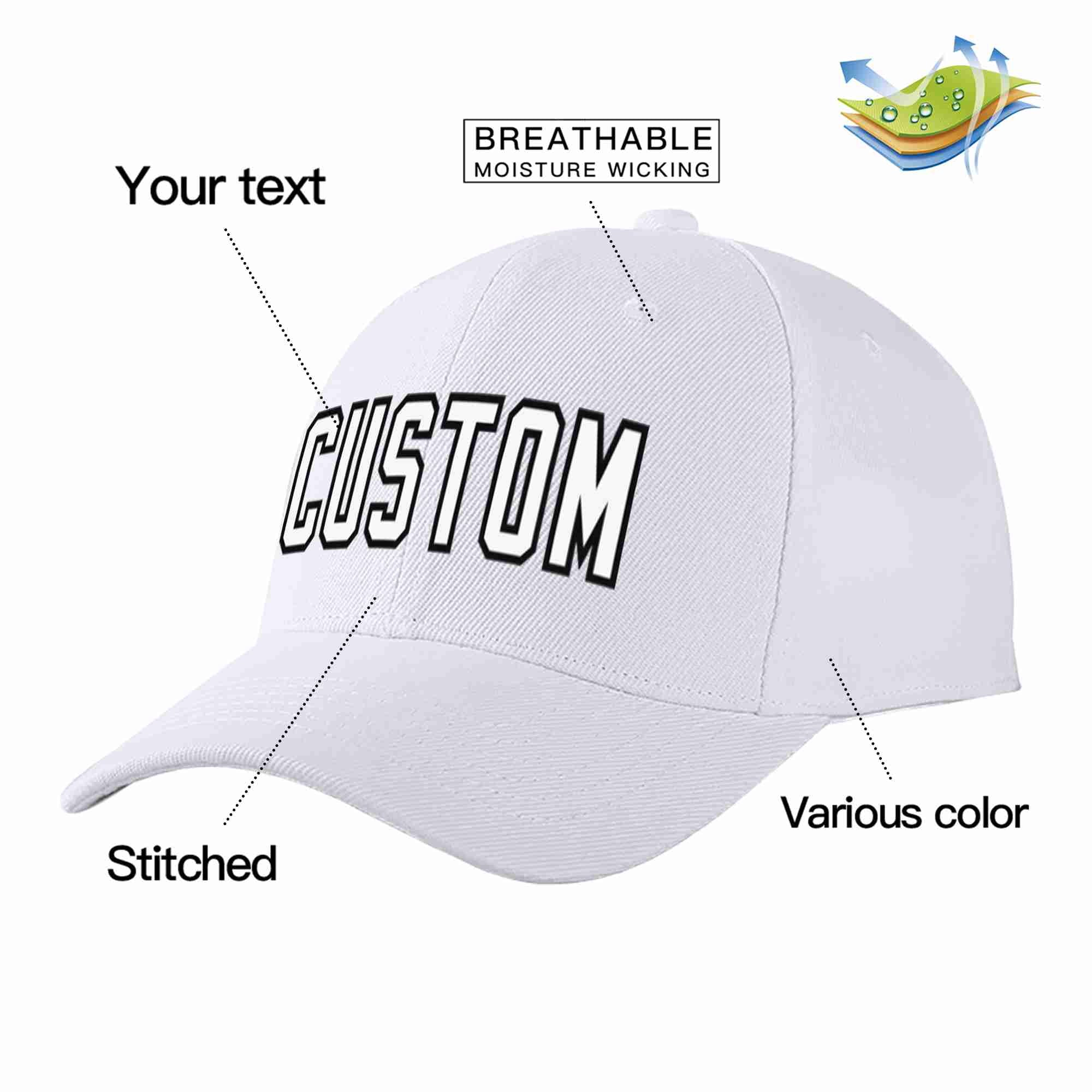 Custom White White-Black Curved Eaves Sport Baseball Cap Design for Men/Women/Youth