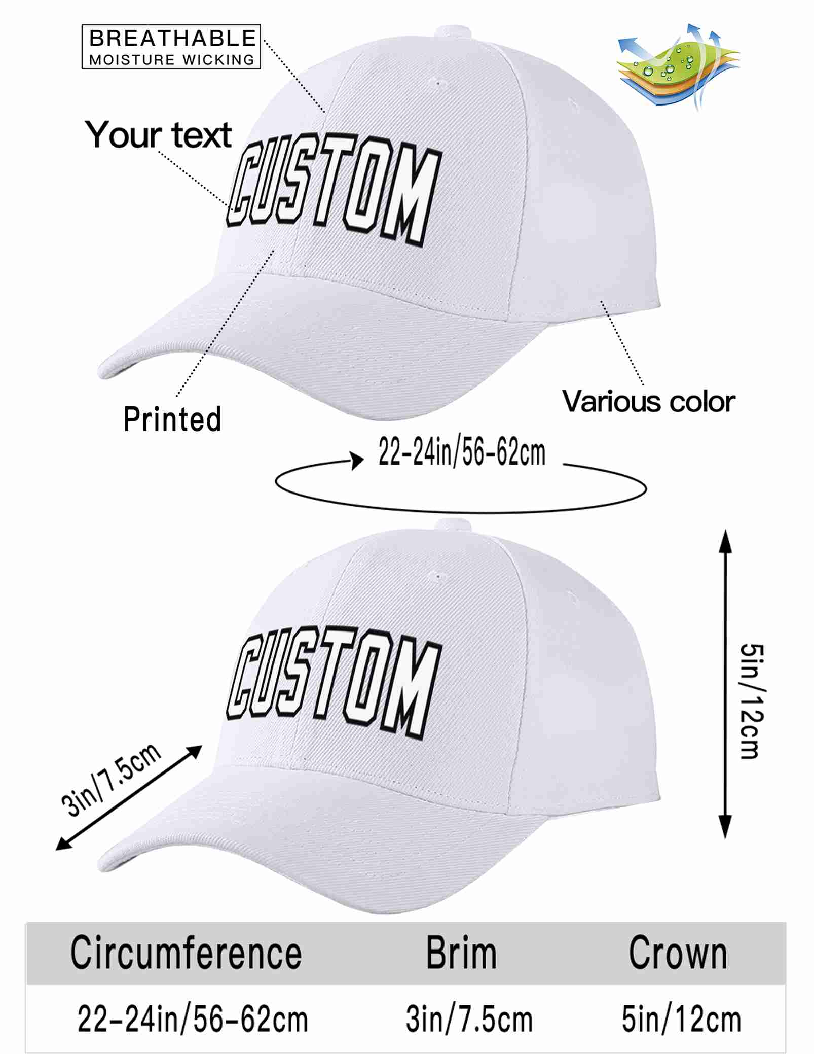 Custom White White-Black Curved Eaves Sport Baseball Cap Design for Men/Women/Youth