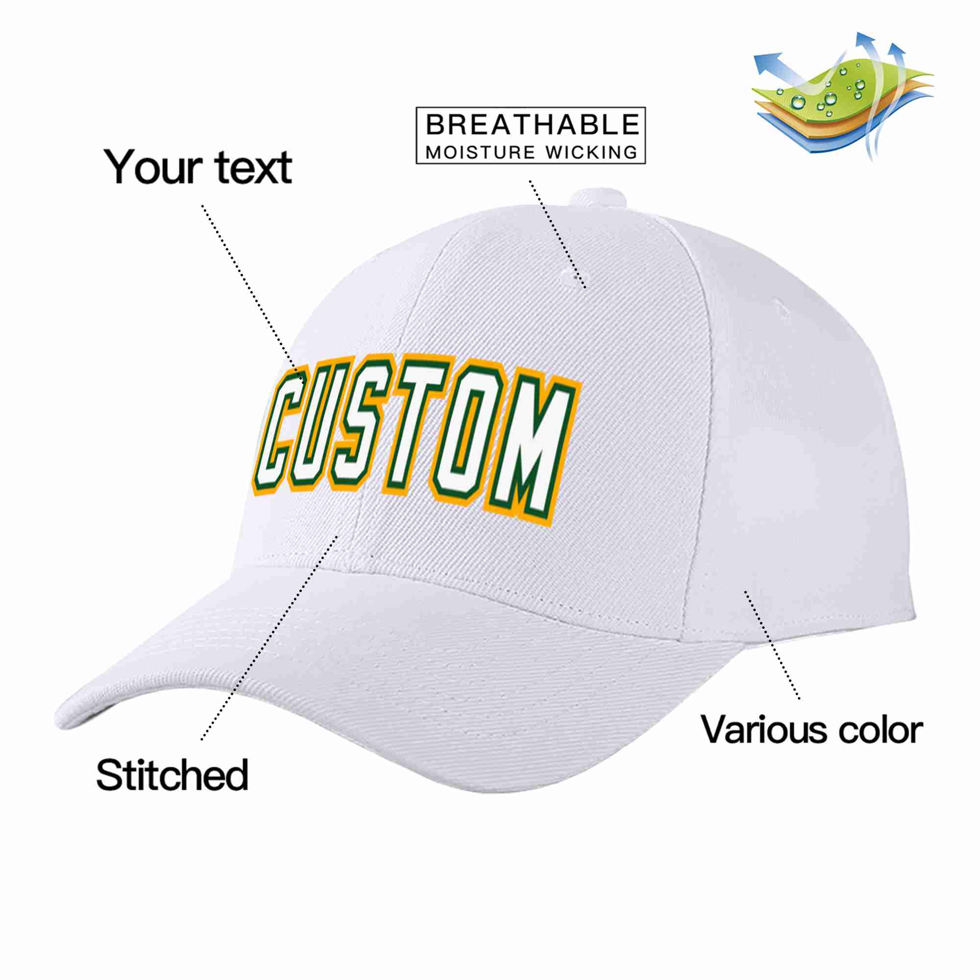 Conception personnalisée de casquette de baseball de sport incurvée blanc-vert Kelly pour hommes/femmes/jeunes