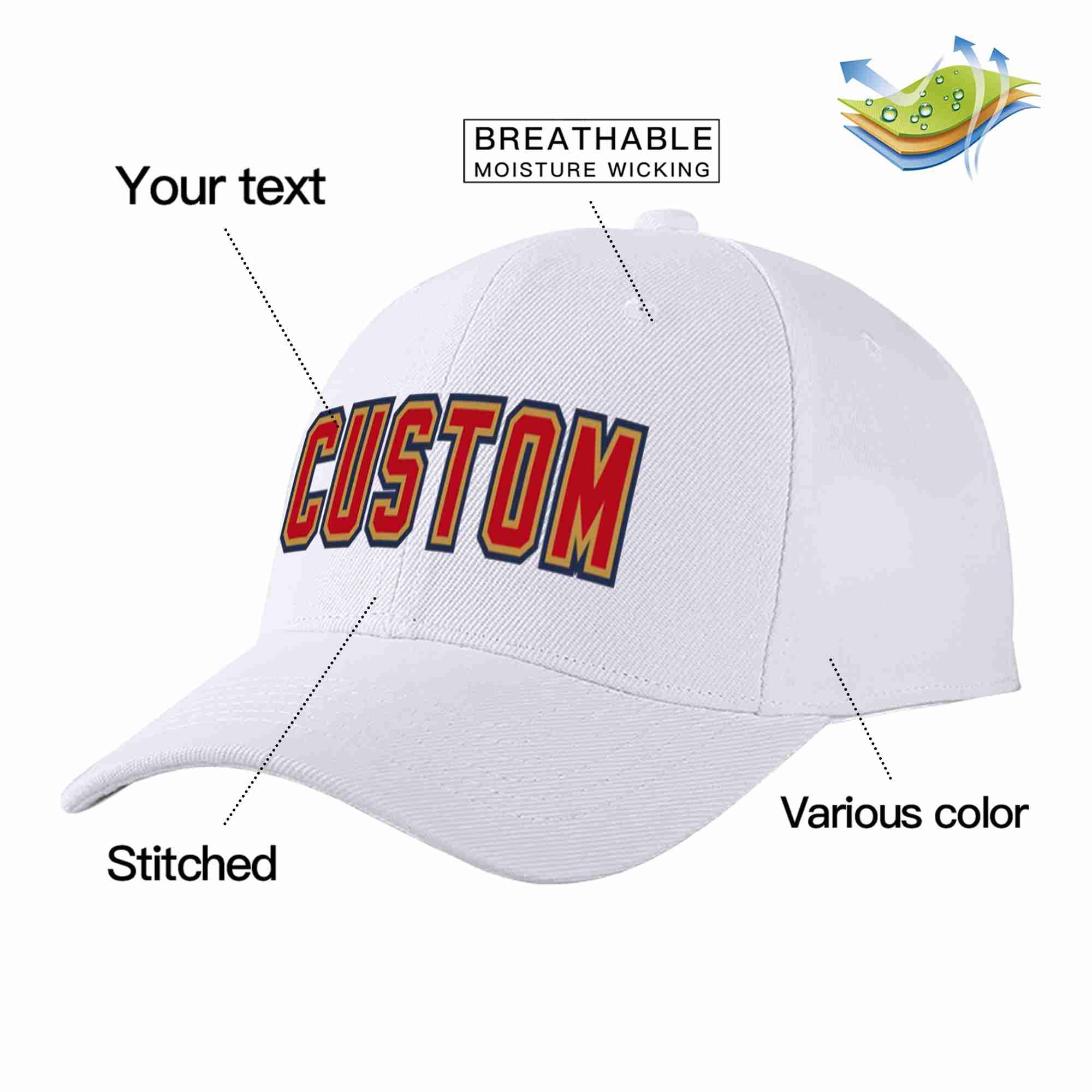 Conception personnalisée de casquette de baseball de sport à avant-toit incurvé blanc rouge-vieil or pour hommes/femmes/jeunes