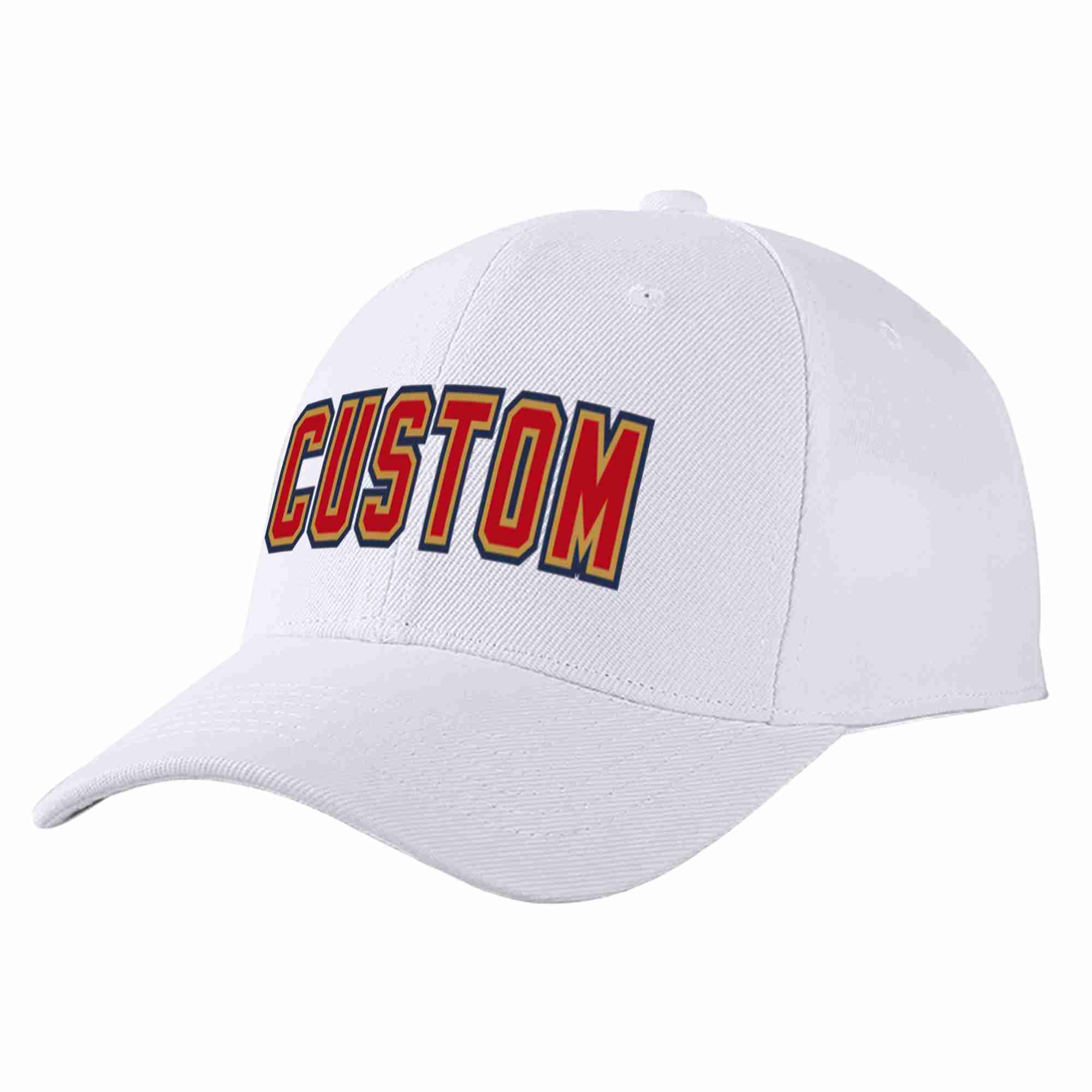 Conception personnalisée de casquette de baseball de sport à avant-toit incurvé blanc rouge-vieil or pour hommes/femmes/jeunes