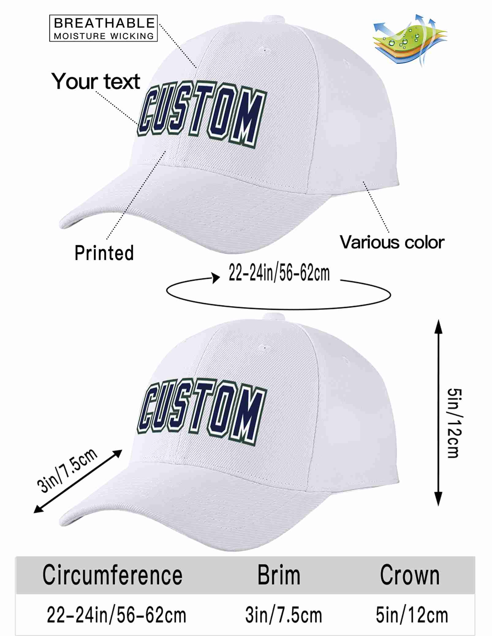 Custom White Navy-White Curved Eaves Sport Baseball Cap Design for Men/Women/Youth