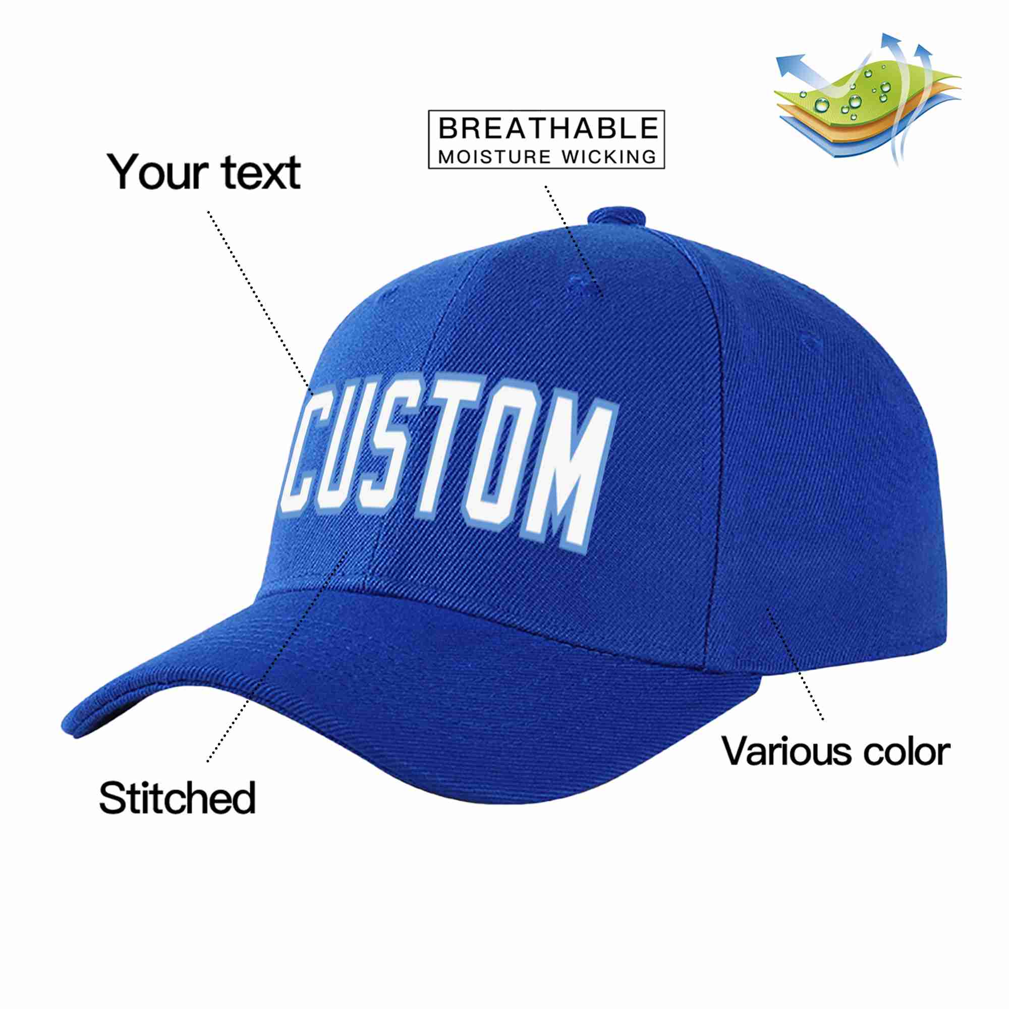 Casquette de baseball de sport incurvée personnalisée, blanc-bleu clair, pour hommes/femmes/jeunes