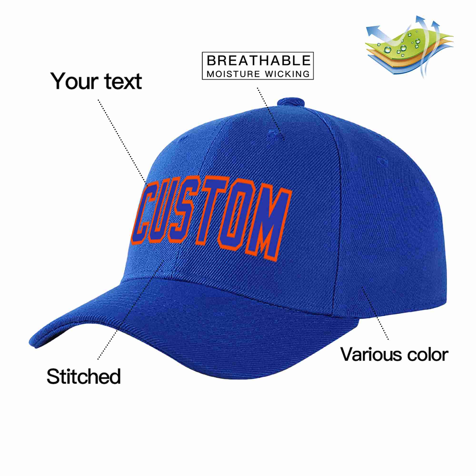 Casquette de baseball personnalisée Royal Royal-Orange Curved Eaves Sport pour hommes/femmes/jeunes