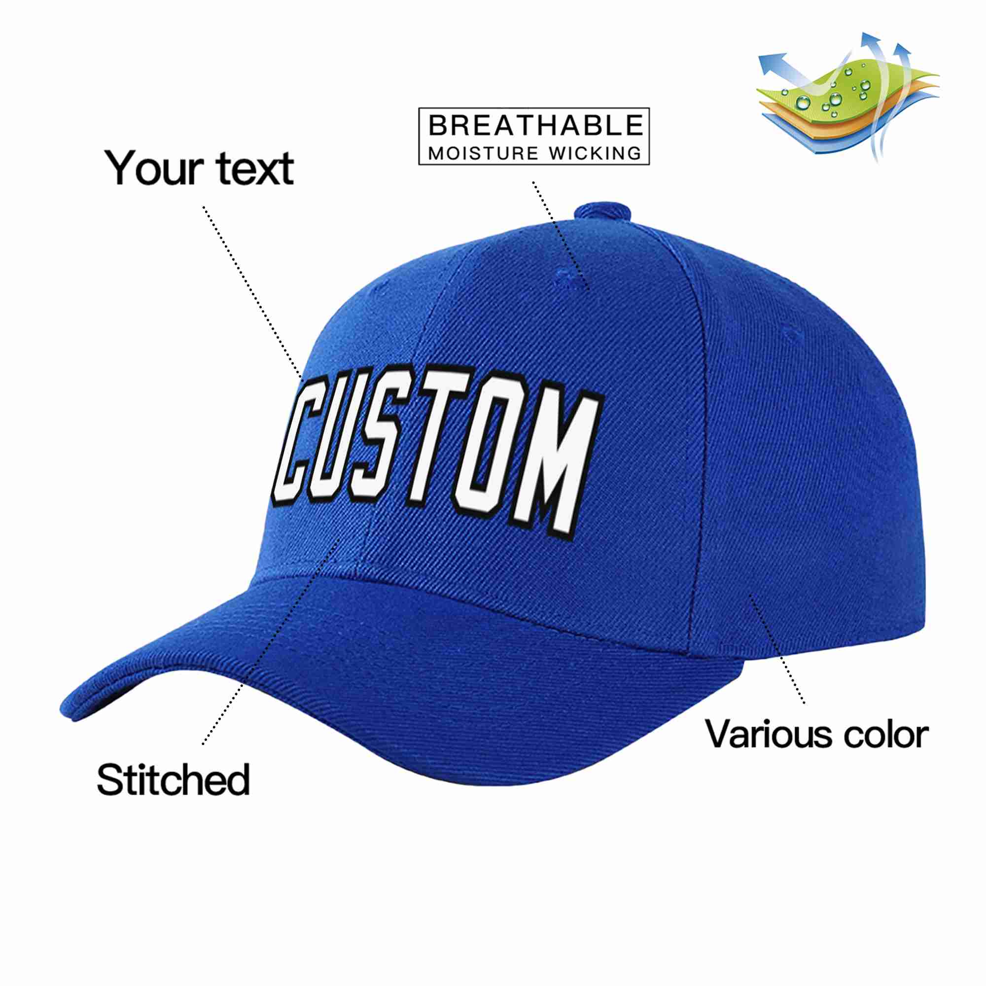 Conception personnalisée de casquette de baseball de sport incurvée Eaves blanc-noir royal pour hommes/femmes/jeunes