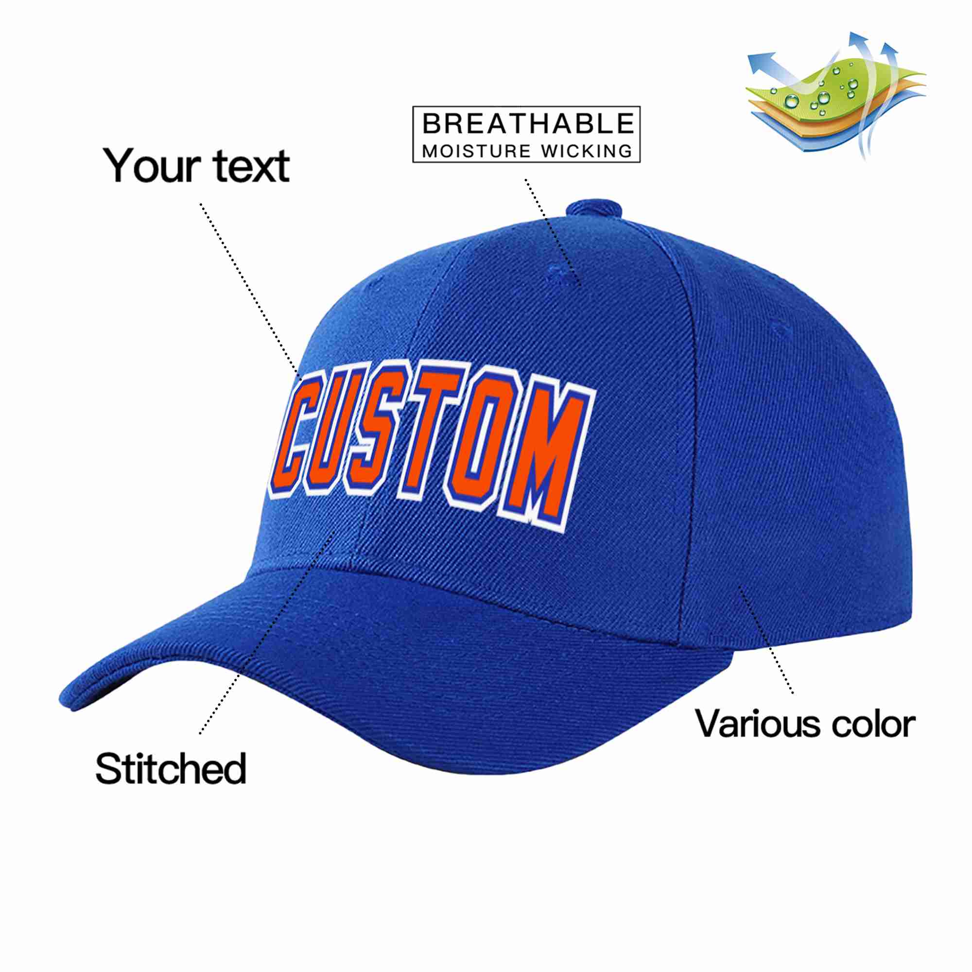 Casquette de baseball personnalisée Royal Orange-Royal Curved Eaves Sport pour hommes/femmes/jeunes