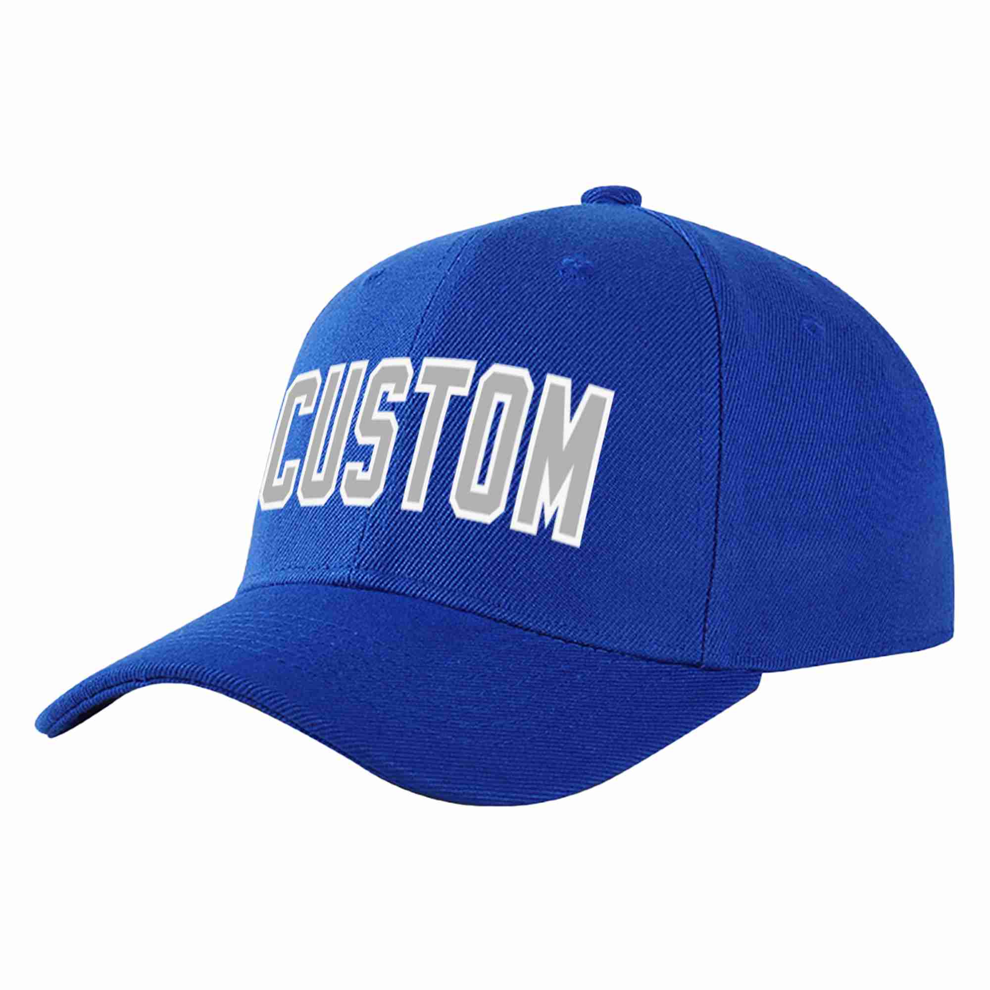 Conception personnalisée de casquette de baseball de sport incurvée gris-blanc royal pour hommes/femmes/jeunes