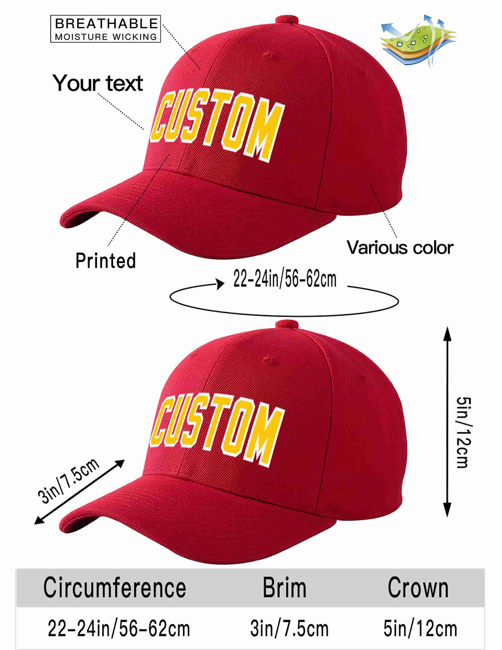 Custom Red Gold-White Curved Eaves Sport Baseball Cap Design for Men/Women/Youth