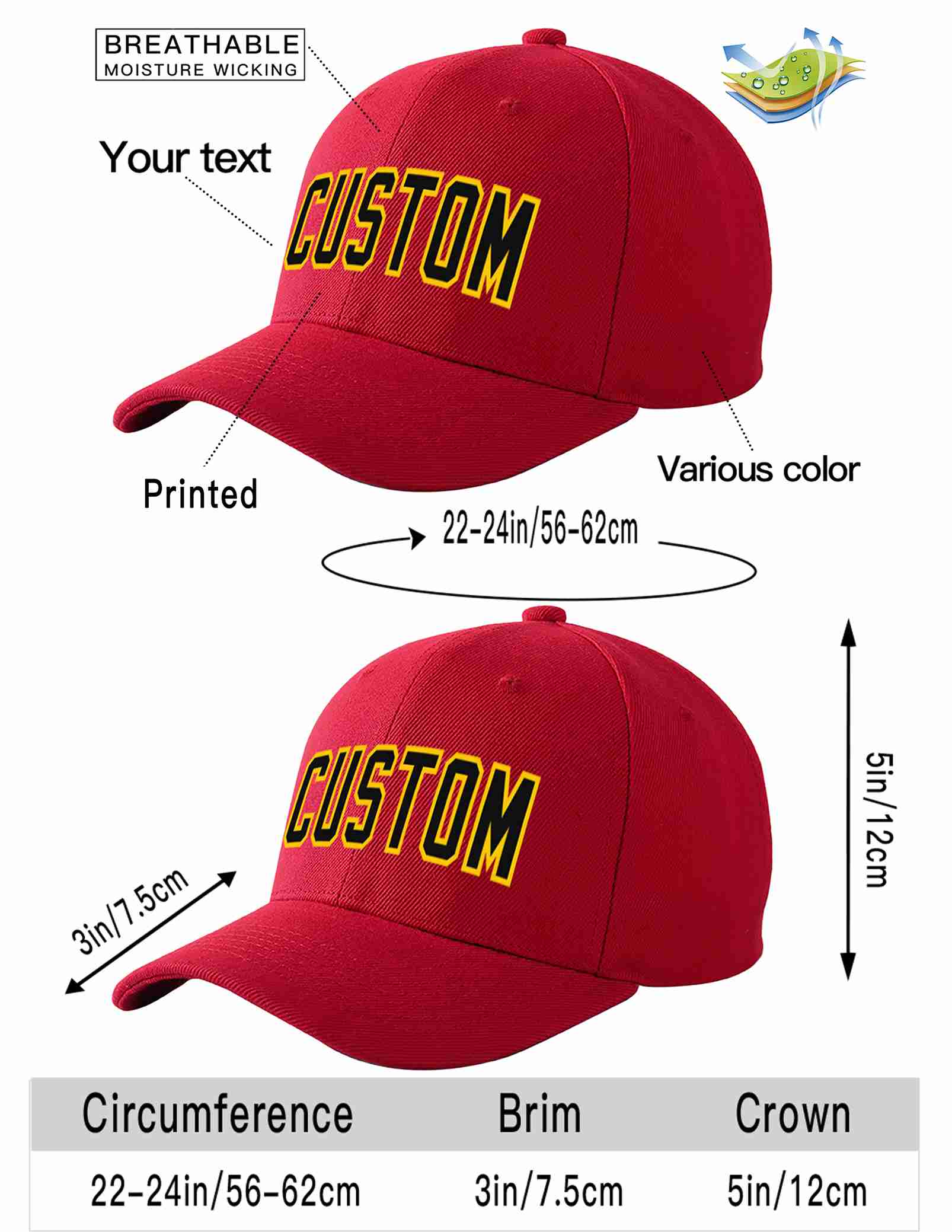 Custom Red Black-Gold Curved Eaves Sport Baseball Cap Design for Men/Women/Youth