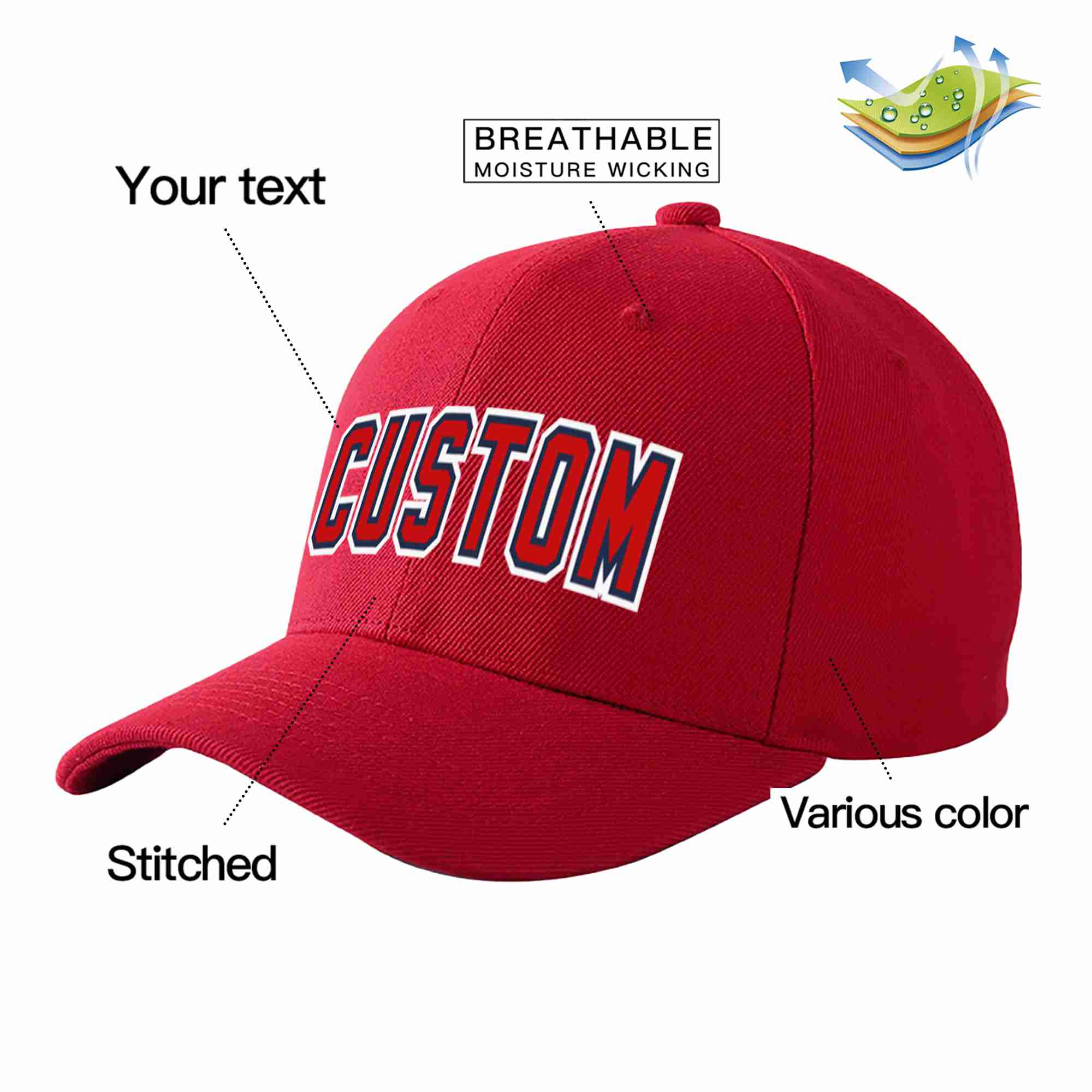 Conception personnalisée de casquette de baseball de sport courbée rouge-marine rouge pour hommes/femmes/jeunes