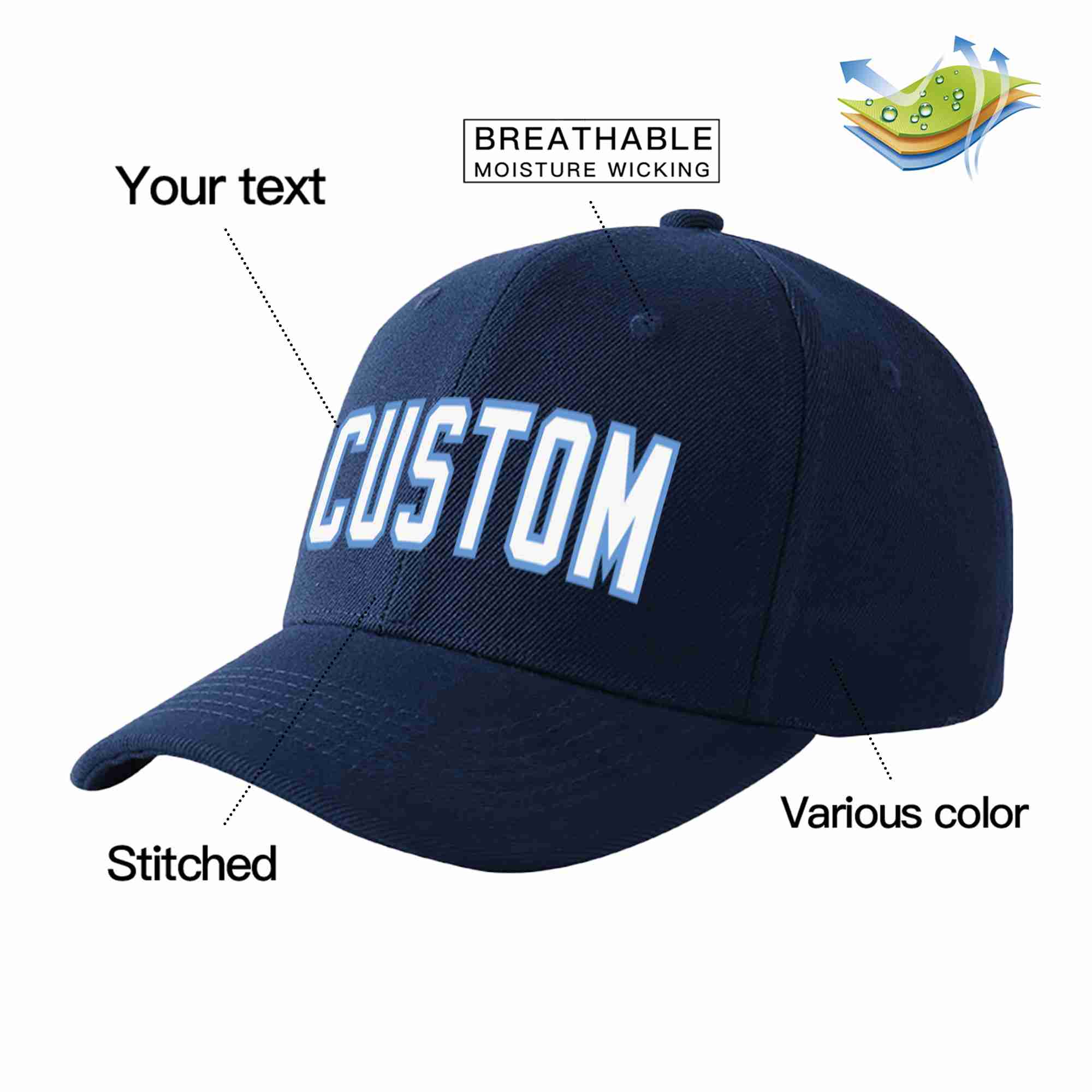 Conception personnalisée de casquette de baseball de sport incurvée blanc-bleu clair pour hommes/femmes/jeunes