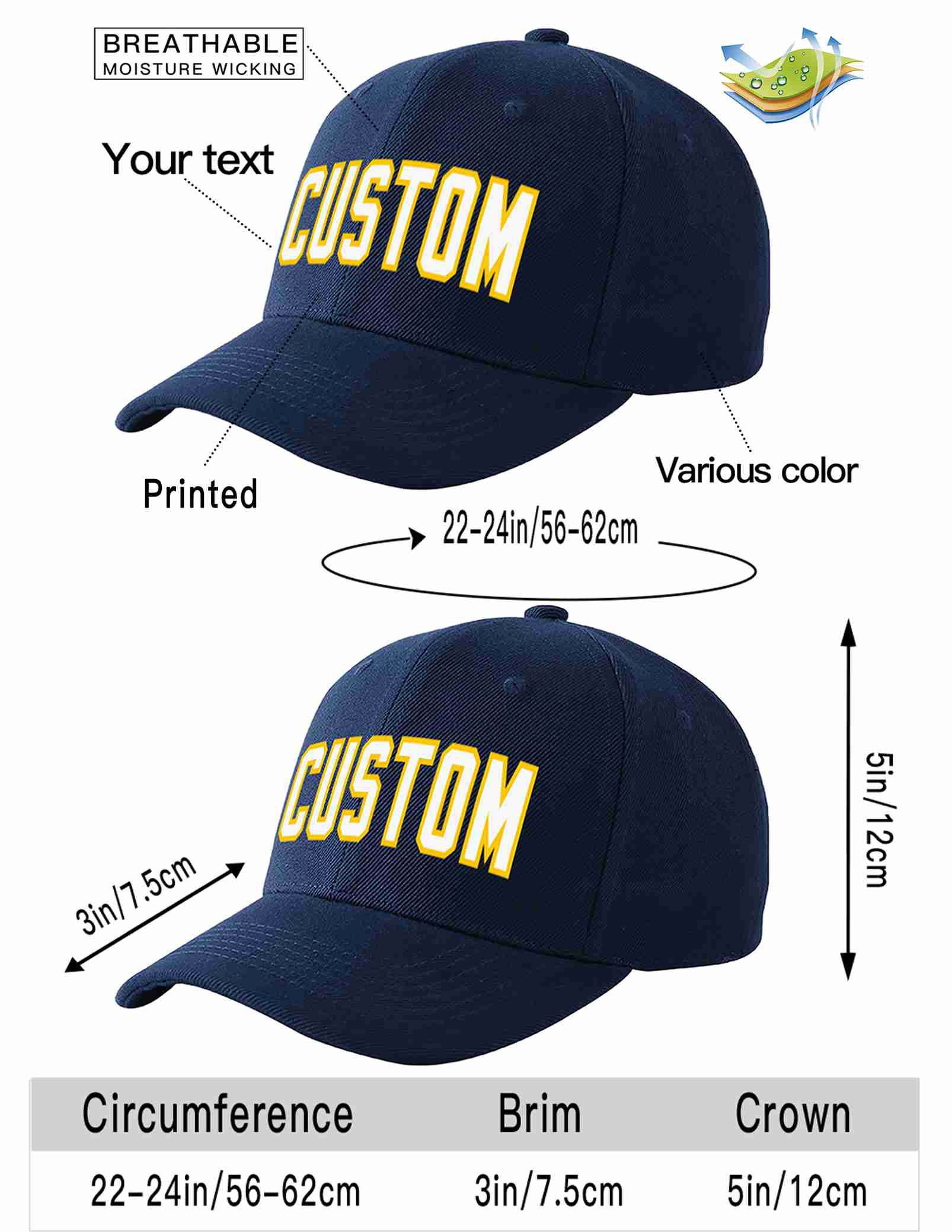 Custom Navy White-Gold Curved Eaves Sport Baseball Cap Design for Men/Women/Youth