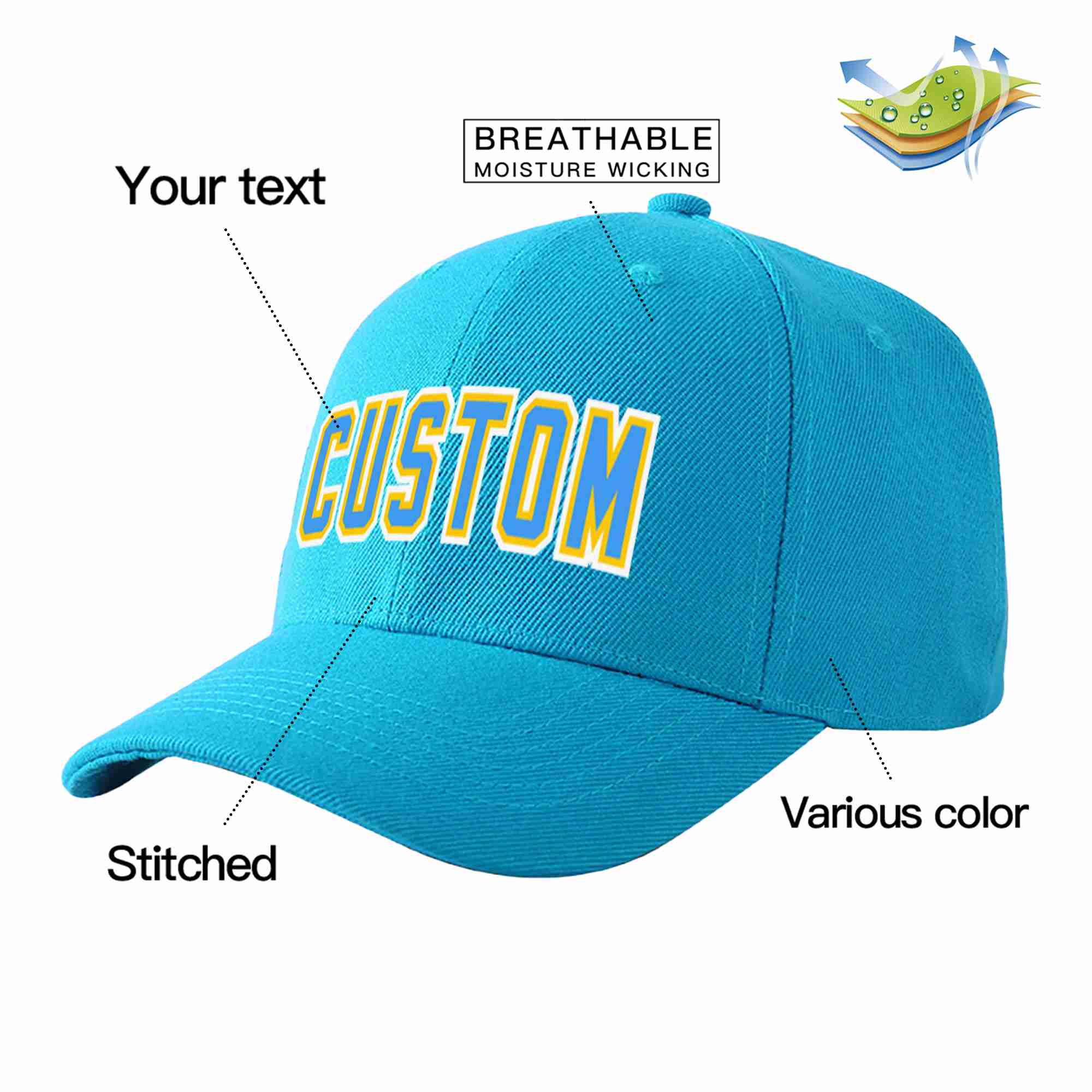 Casquette de baseball de sport à Eaves incurvée bleu-or Aqua Powder personnalisée pour hommes/femmes/jeunes