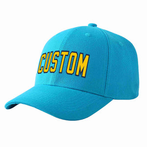 Custom Aqua Gold-Navy Curved Eaves Sport Baseball Cap Design for Men/Women/Youth