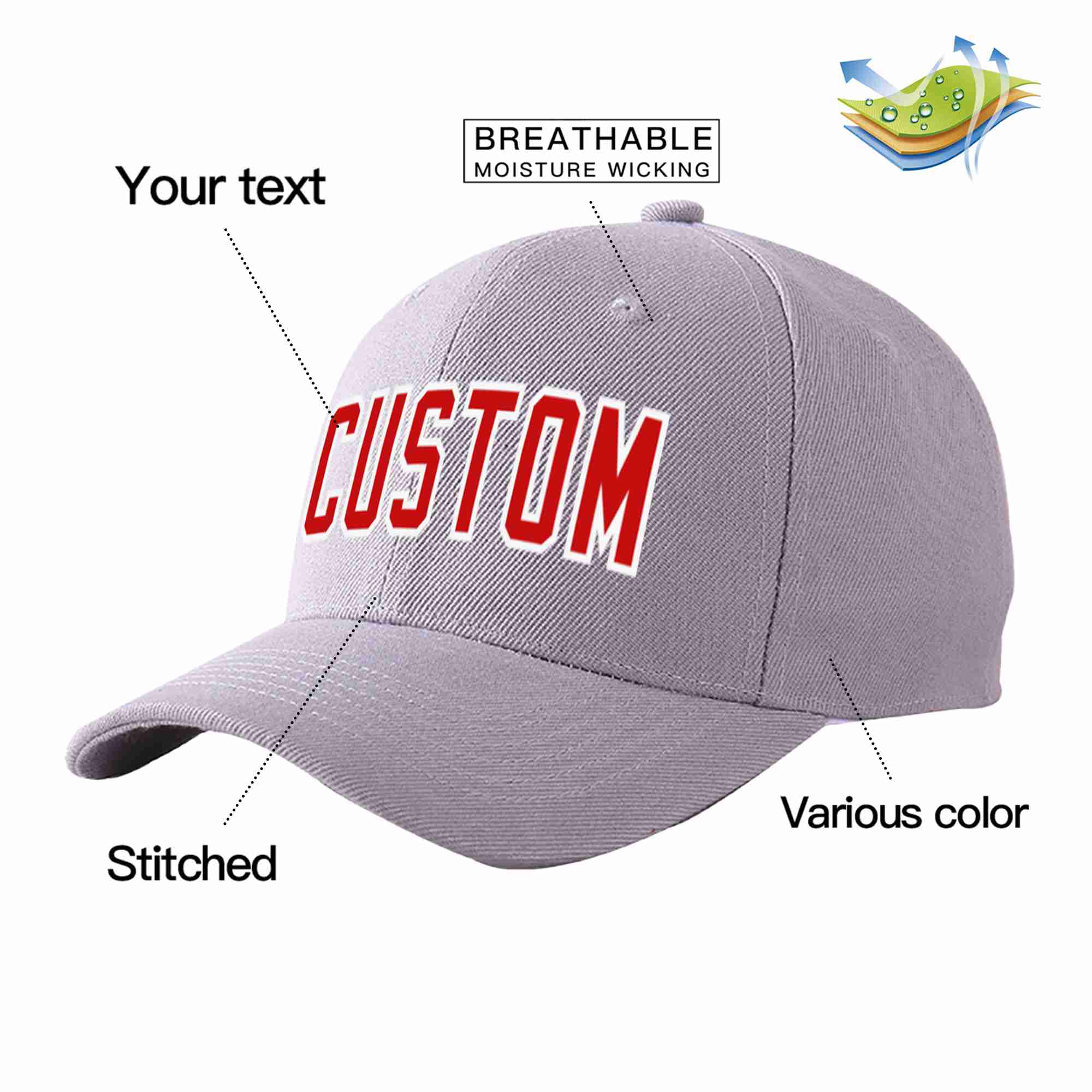 Conception personnalisée de casquette de baseball de sport courbée gris rouge-blanc pour hommes/femmes/jeunes