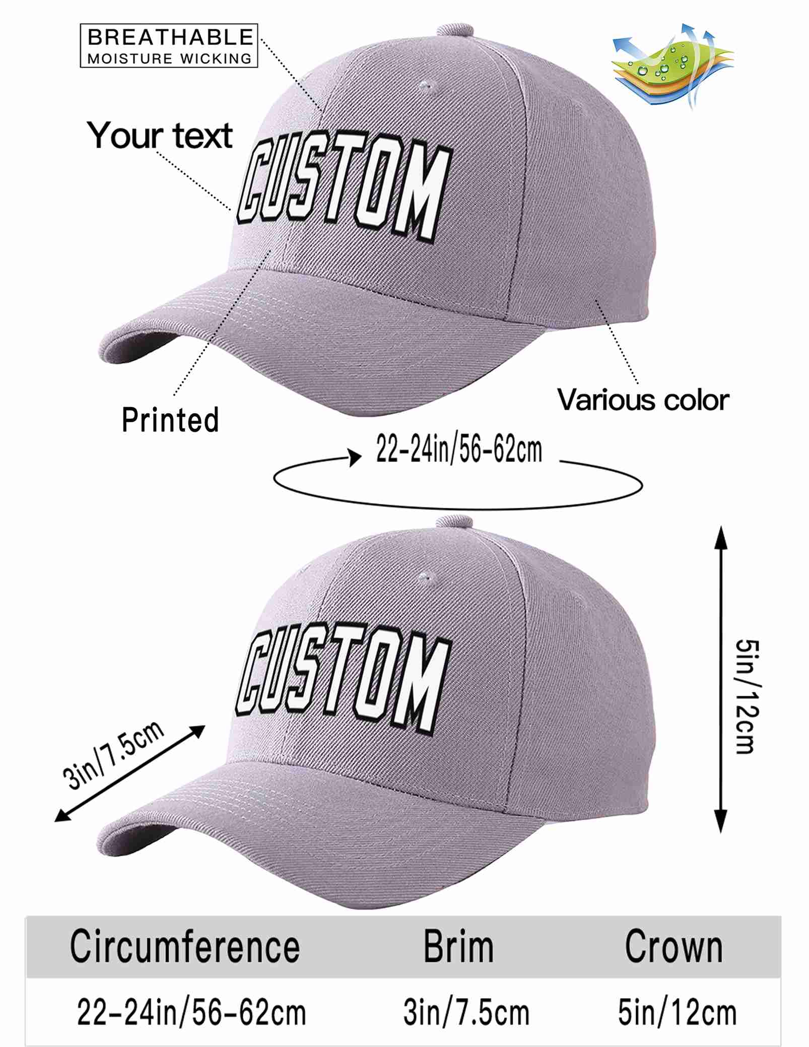 Custom Gray White-Black Curved Eaves Sport Baseball Cap Design for Men/Women/Youth