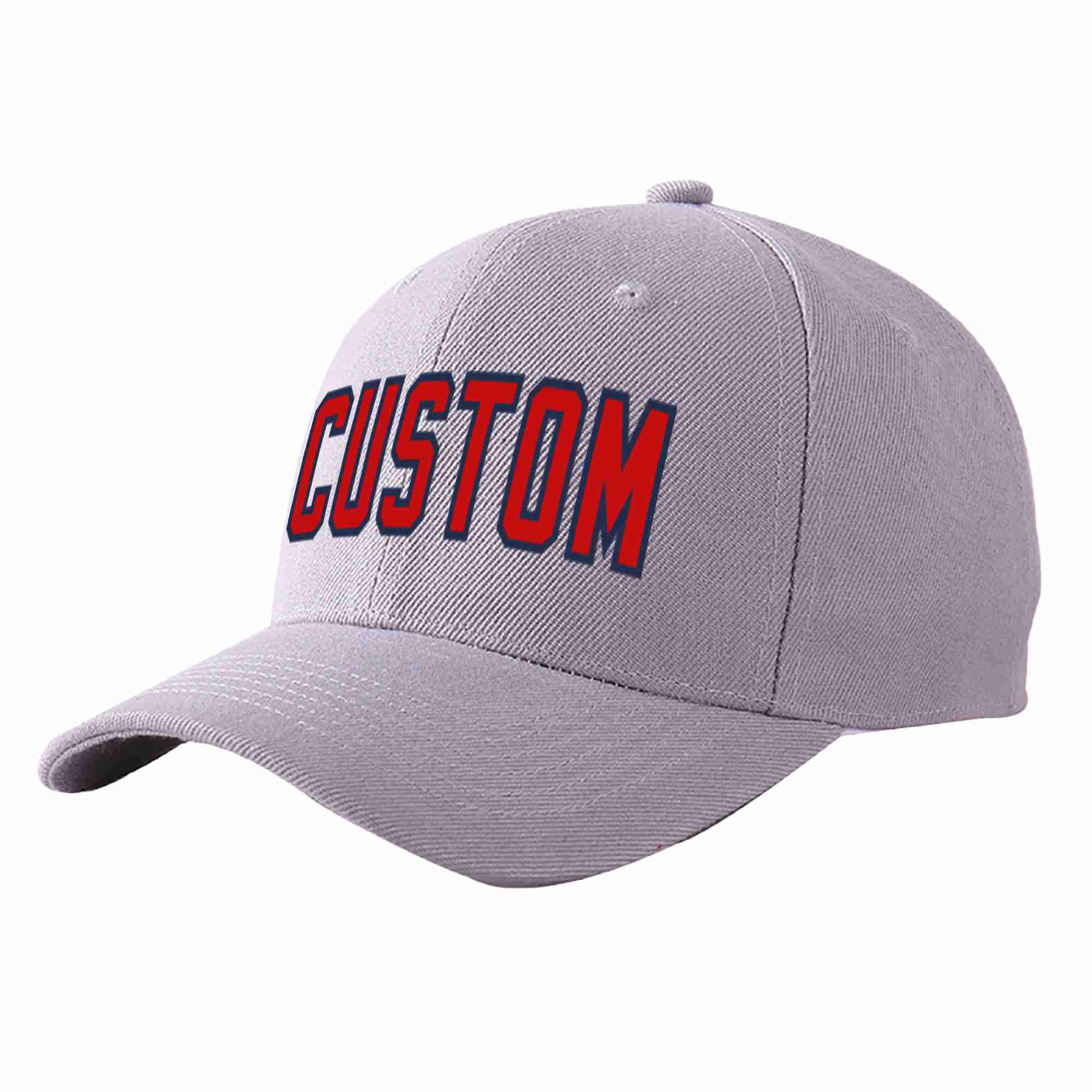 Custom Gray Red-Navy Curved Eaves Sport Baseball Cap Design for Men/Women/Youth