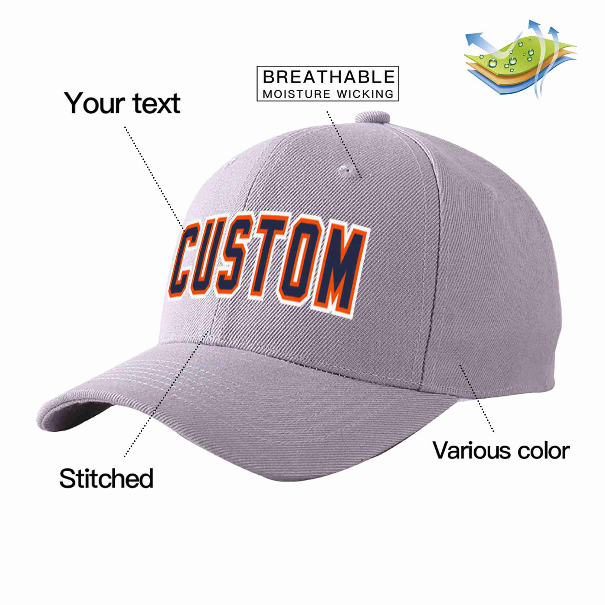 Custom Gray Navy-Orange Curved Eaves Sport Baseball Cap Design for Men/Women/Youth