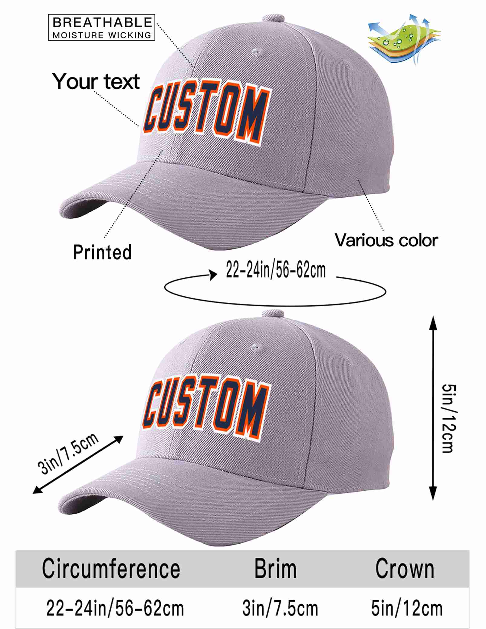 Conception personnalisée de casquette de baseball de sport incurvée gris marine-orange pour hommes/femmes/jeunes