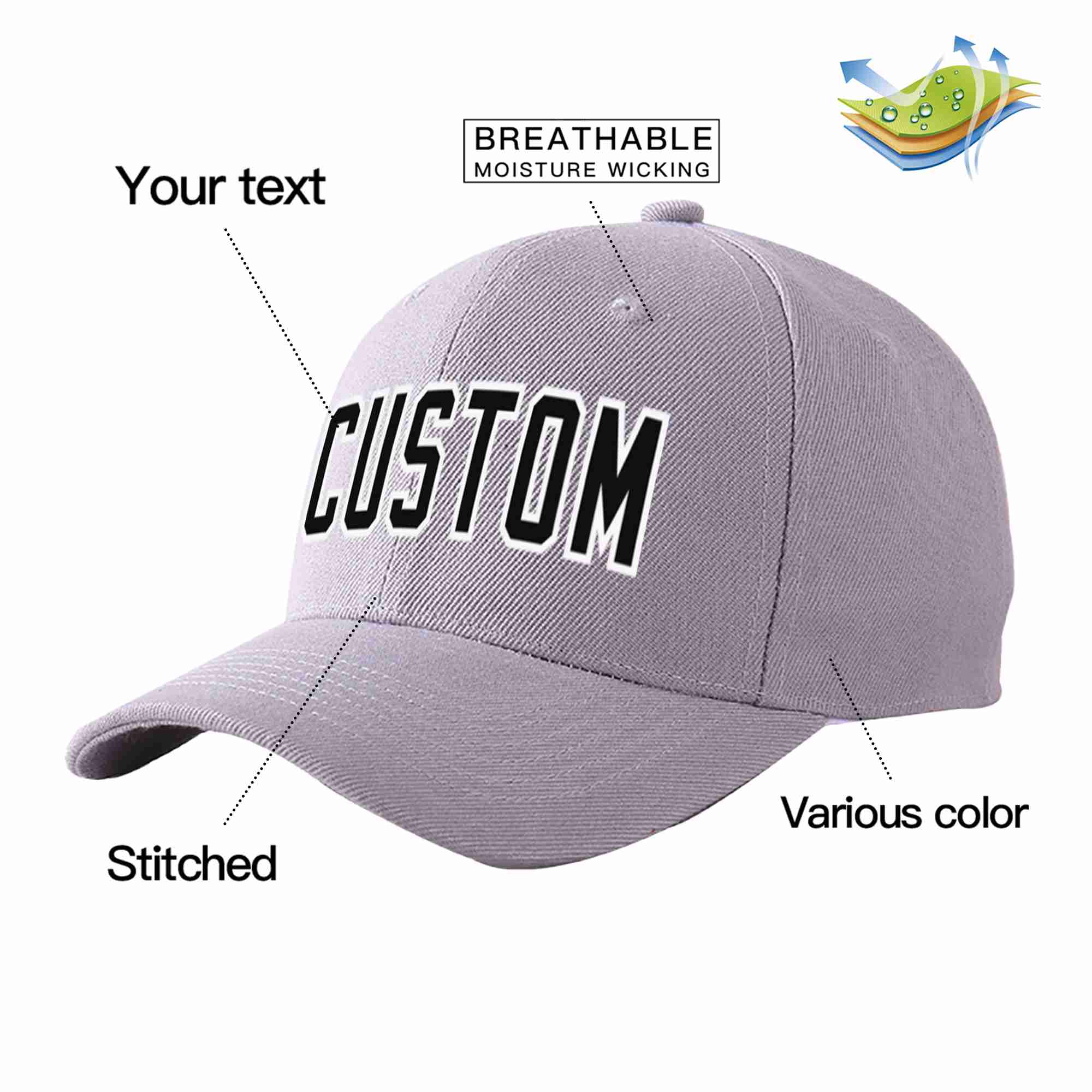 Conception personnalisée de casquette de baseball de sport incurvée gris noir-blanc pour hommes/femmes/jeunes