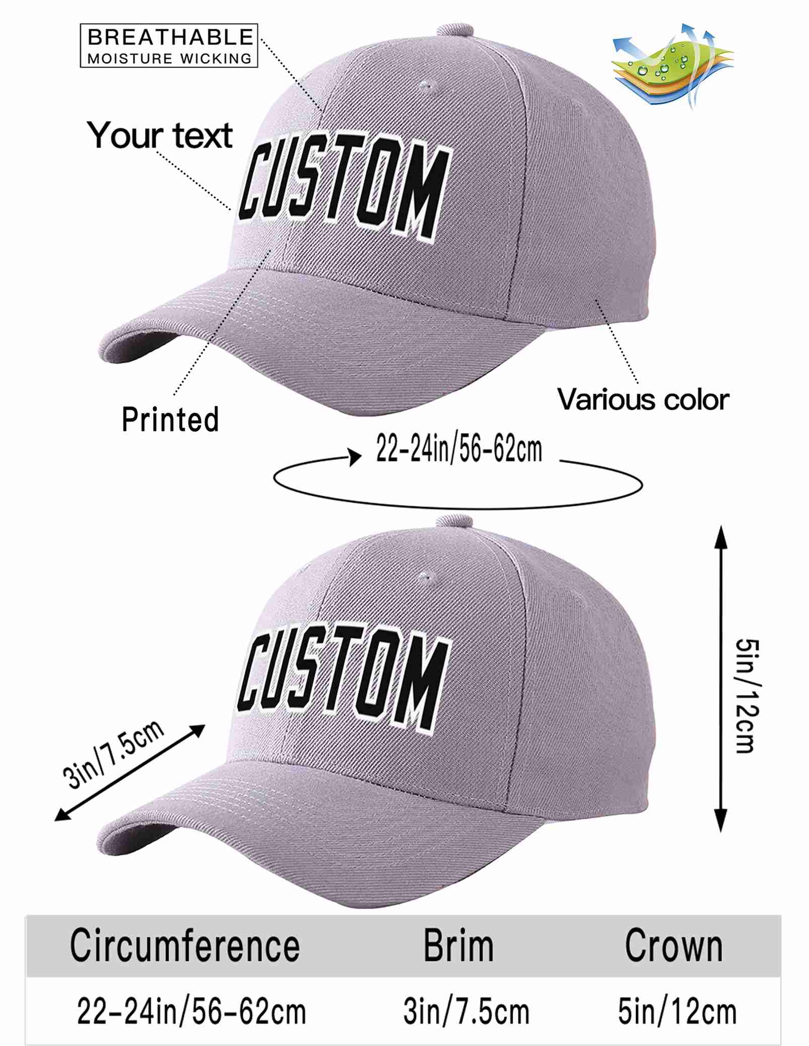 Custom Gray Black-White Curved Eaves Sport Baseball Cap Design for Men/Women/Youth