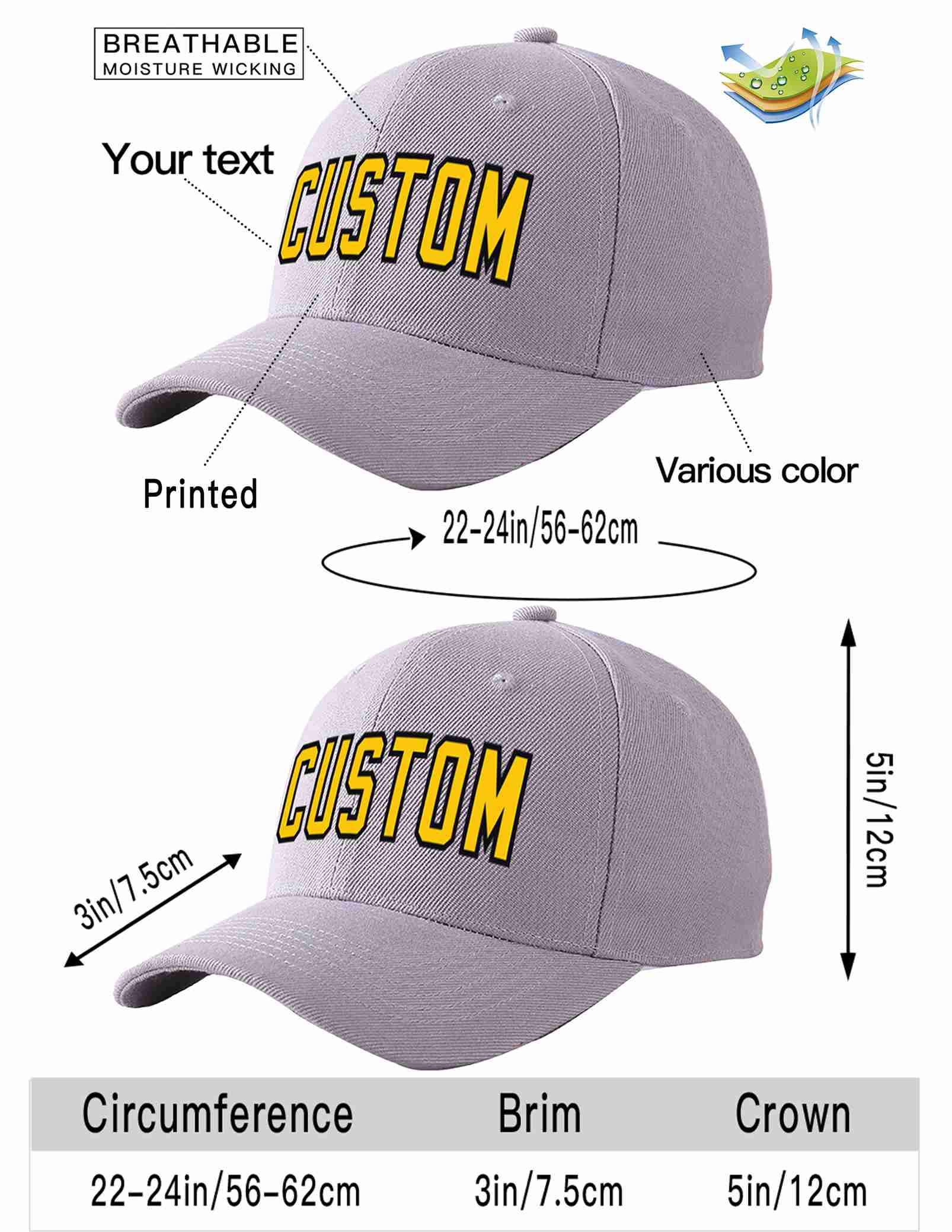 Custom Gray Gold-Black Curved Eaves Sport Baseball Cap Design for Men/Women/Youth