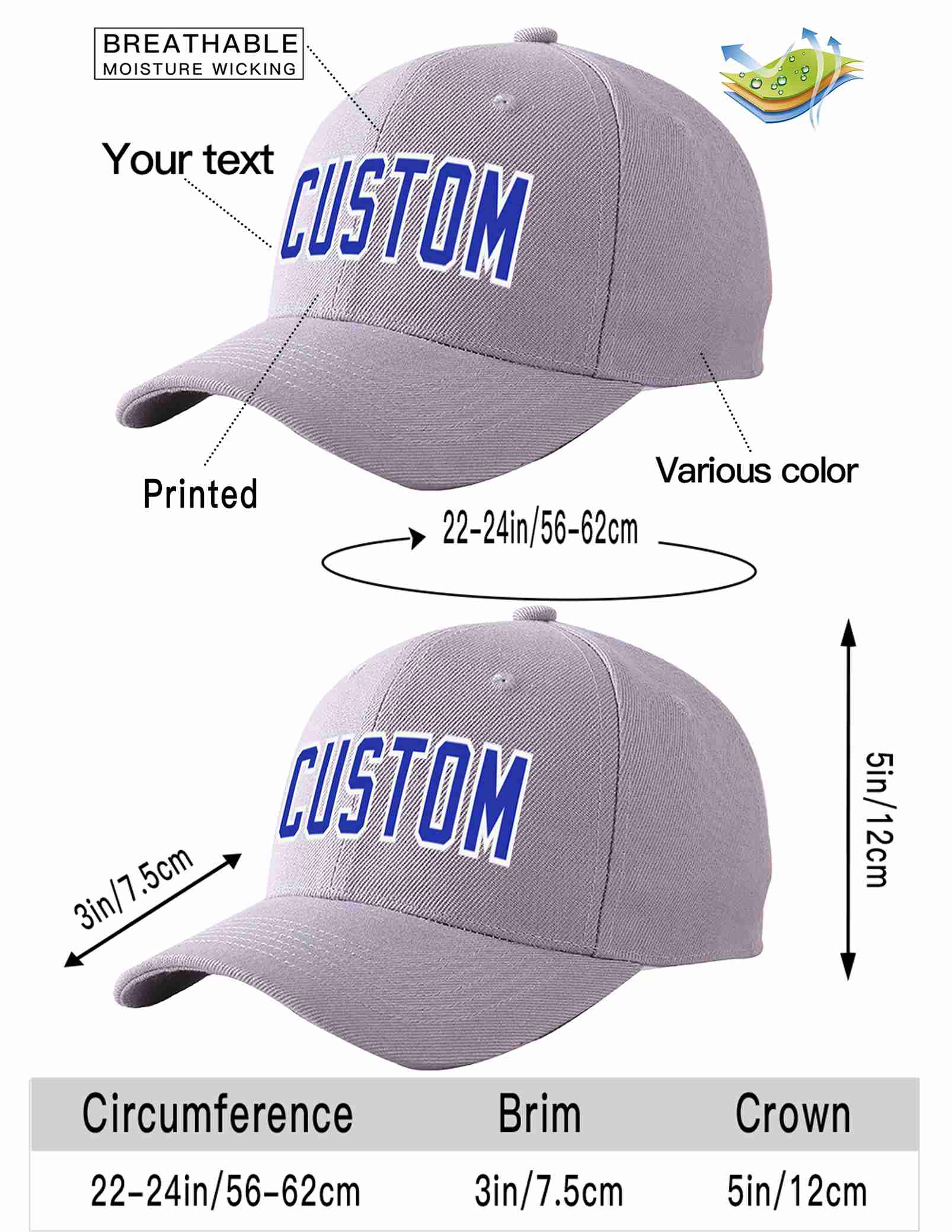 Custom Gray Royal-White Curved Eaves Sport Baseball Cap Design for Men/Women/Youth