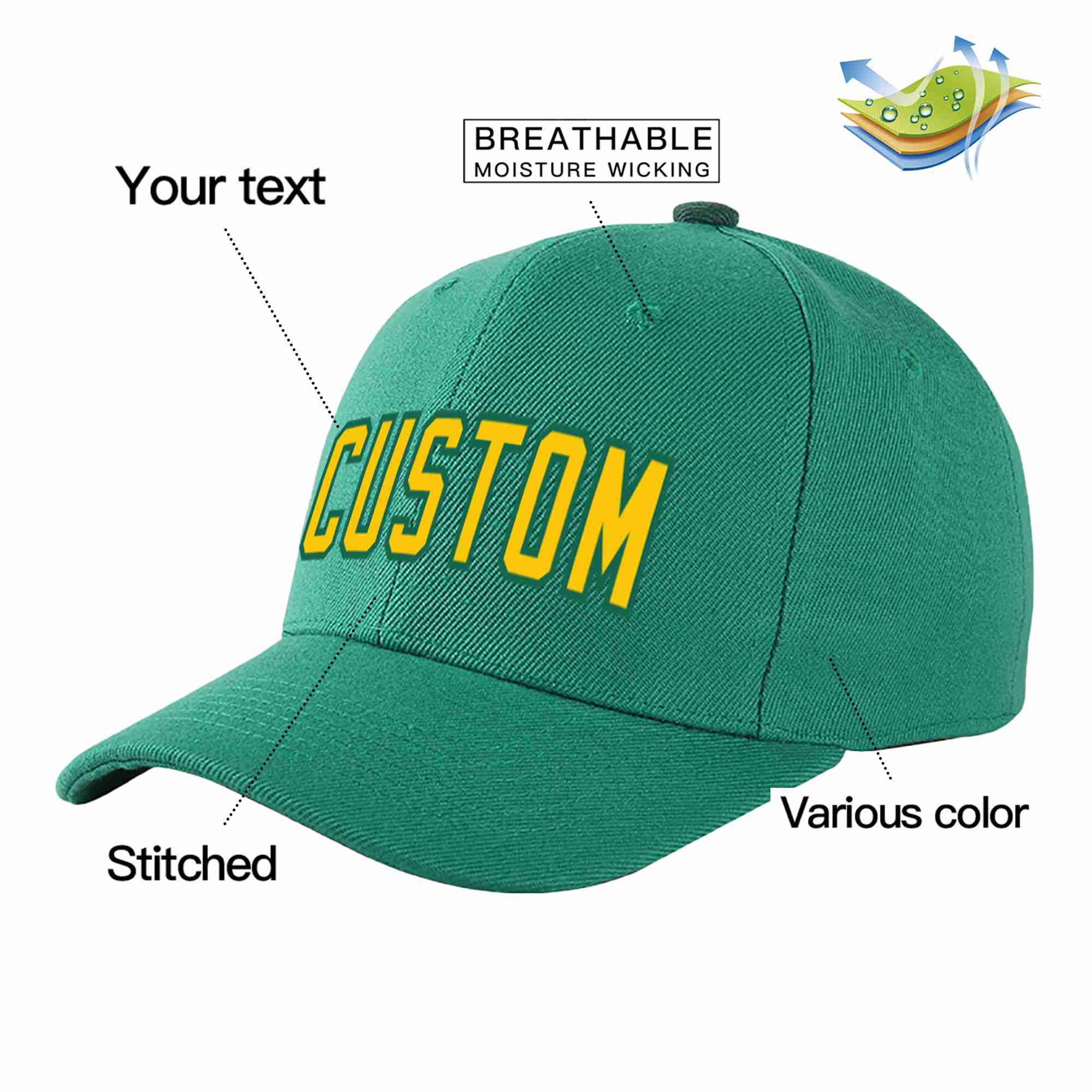 Custom Light Green Gold-Kelly Green Curved Eaves Sport Baseball Cap Design for Men/Women/Youth