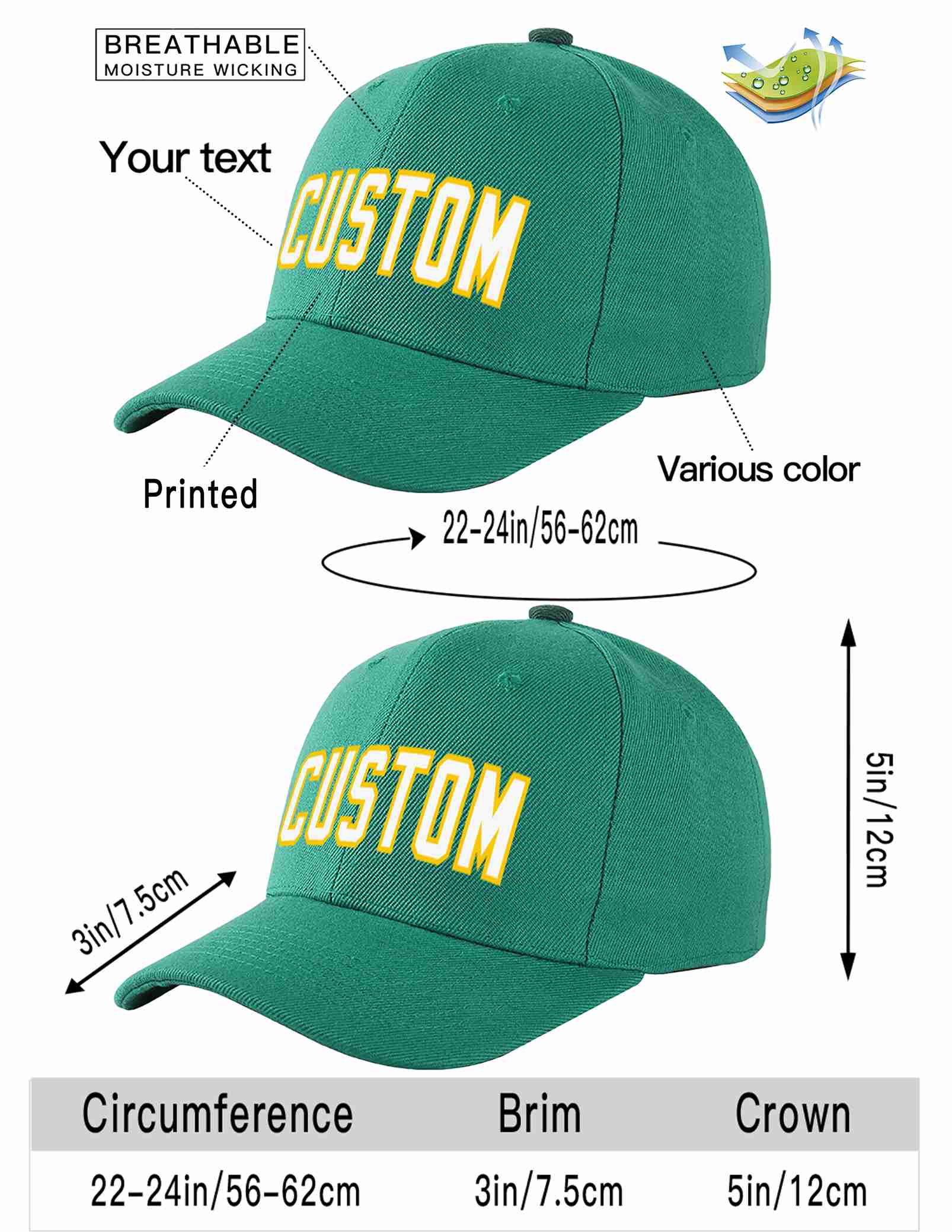 Custom Light Green White-Gold Curved Eaves Sport Baseball Cap Design for Men/Women/Youth