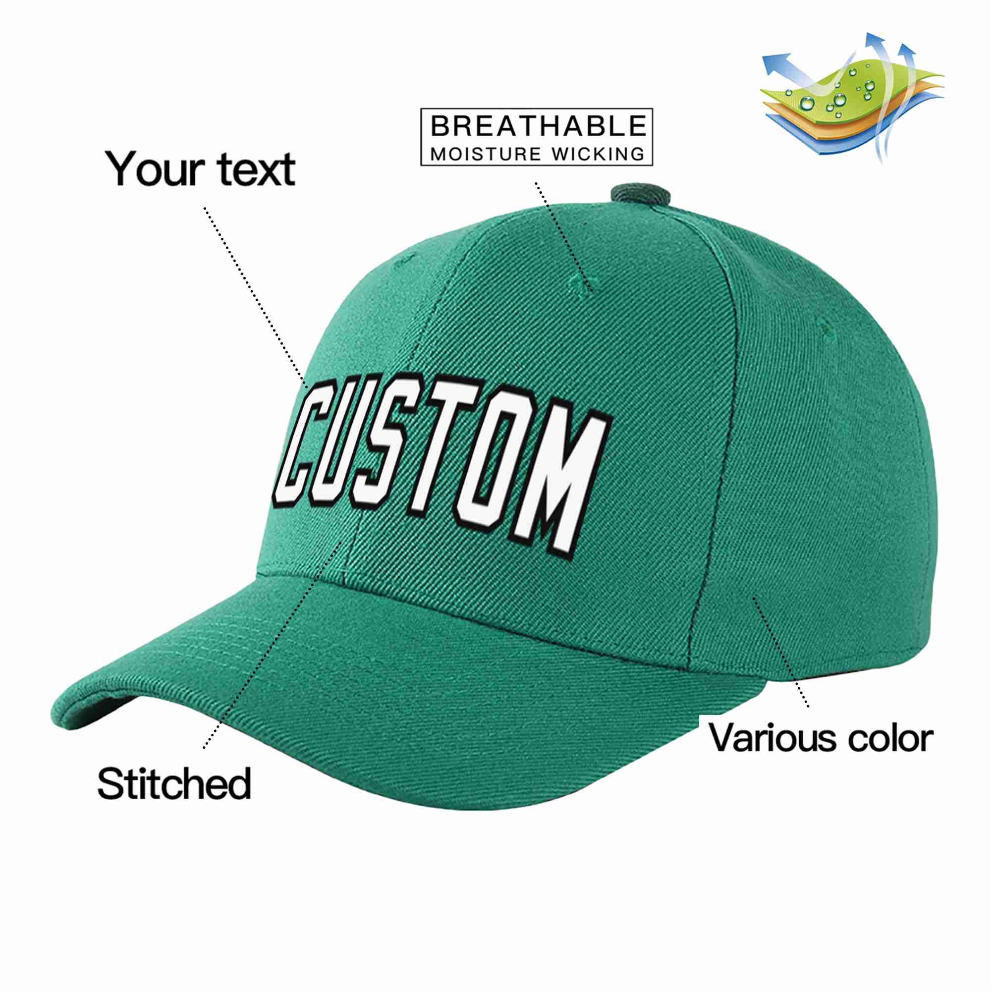 Custom Light Green White-Black Curved Eaves Sport Baseball Cap Design for Men/Women/Youth