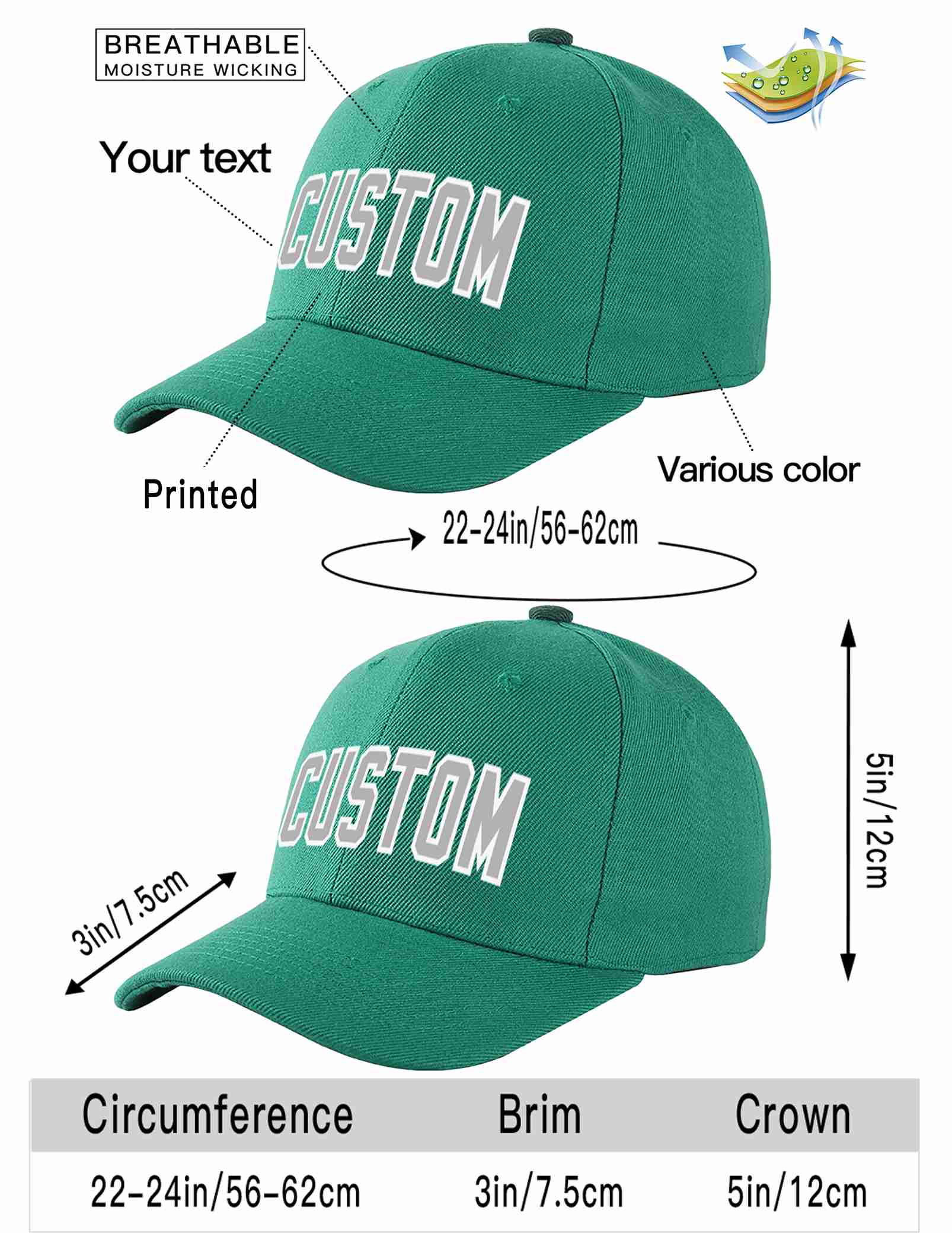 Custom Light Green Gray-White Curved Eaves Sport Baseball Cap Design for Men/Women/Youth