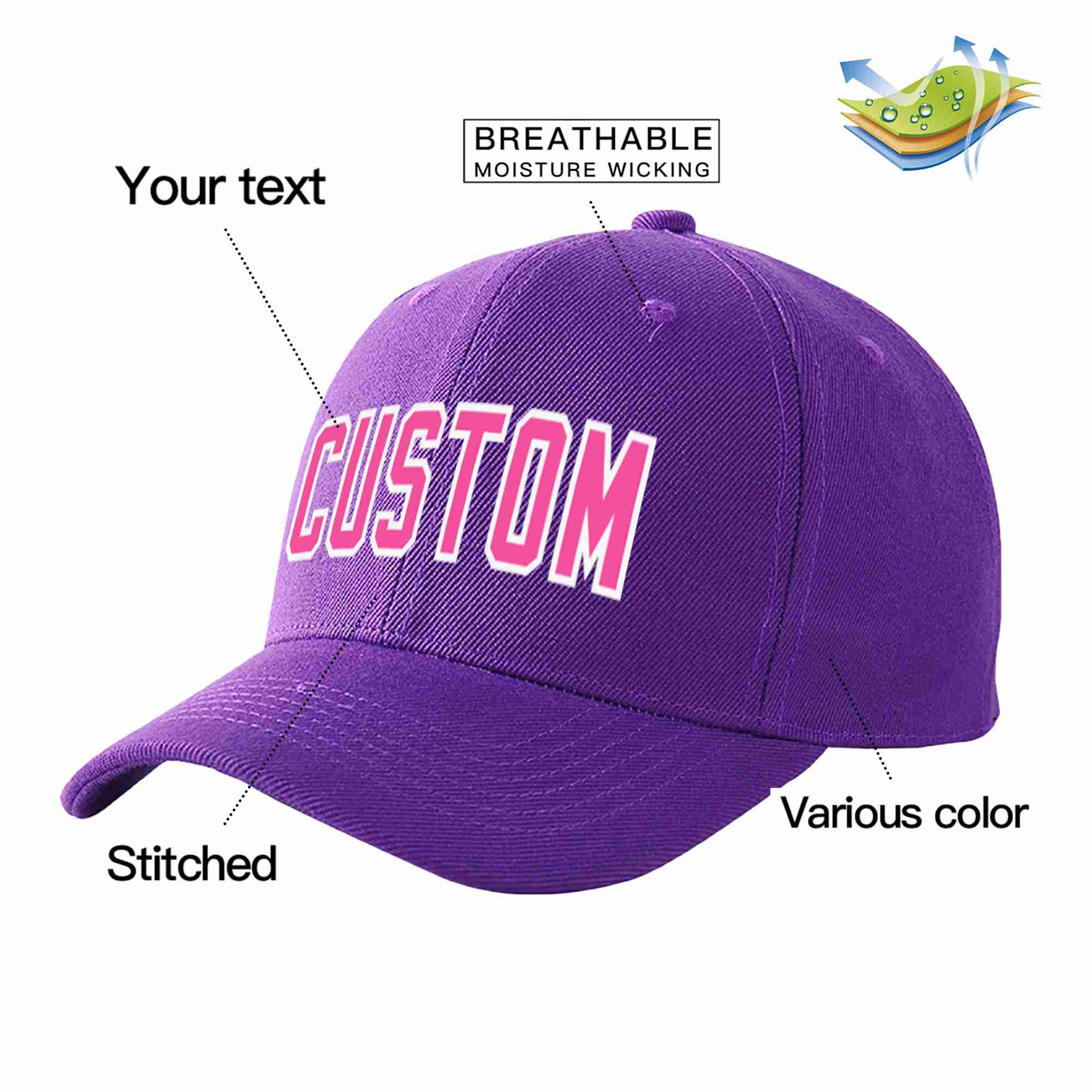 Conception personnalisée de casquette de baseball de sport incurvée pourpre rose-blanc pour hommes/femmes/jeunes