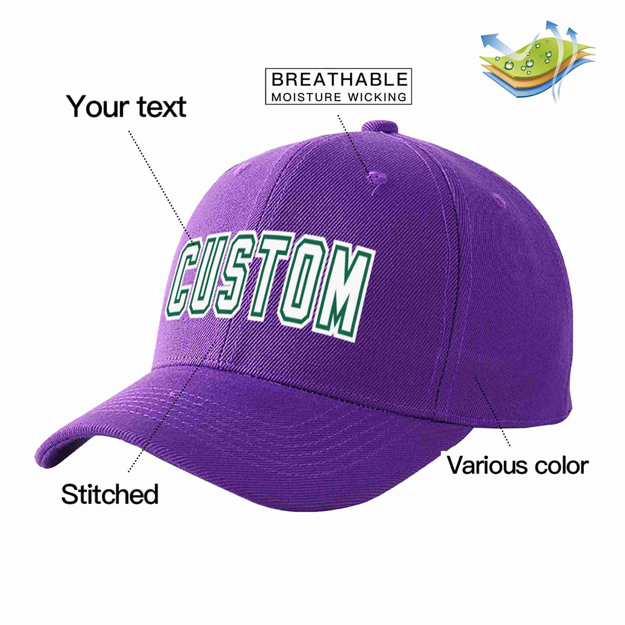 Casquette de baseball de sport incurvée personnalisée violet blanc-vert Kelly pour hommes/femmes/jeunes